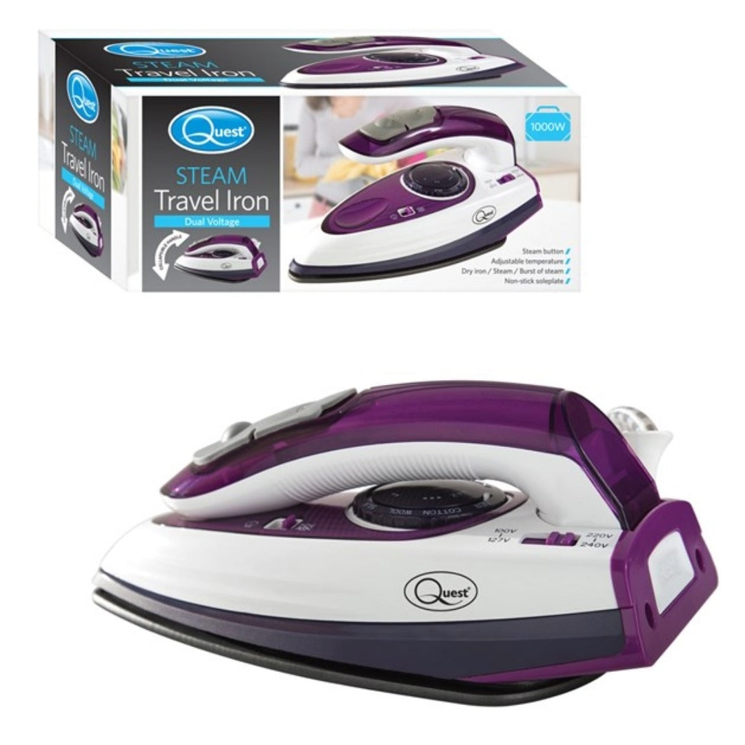Quest 1000W Travel Steam Iron Collapsible Handle 50ml Water Tank Non Stick Plate