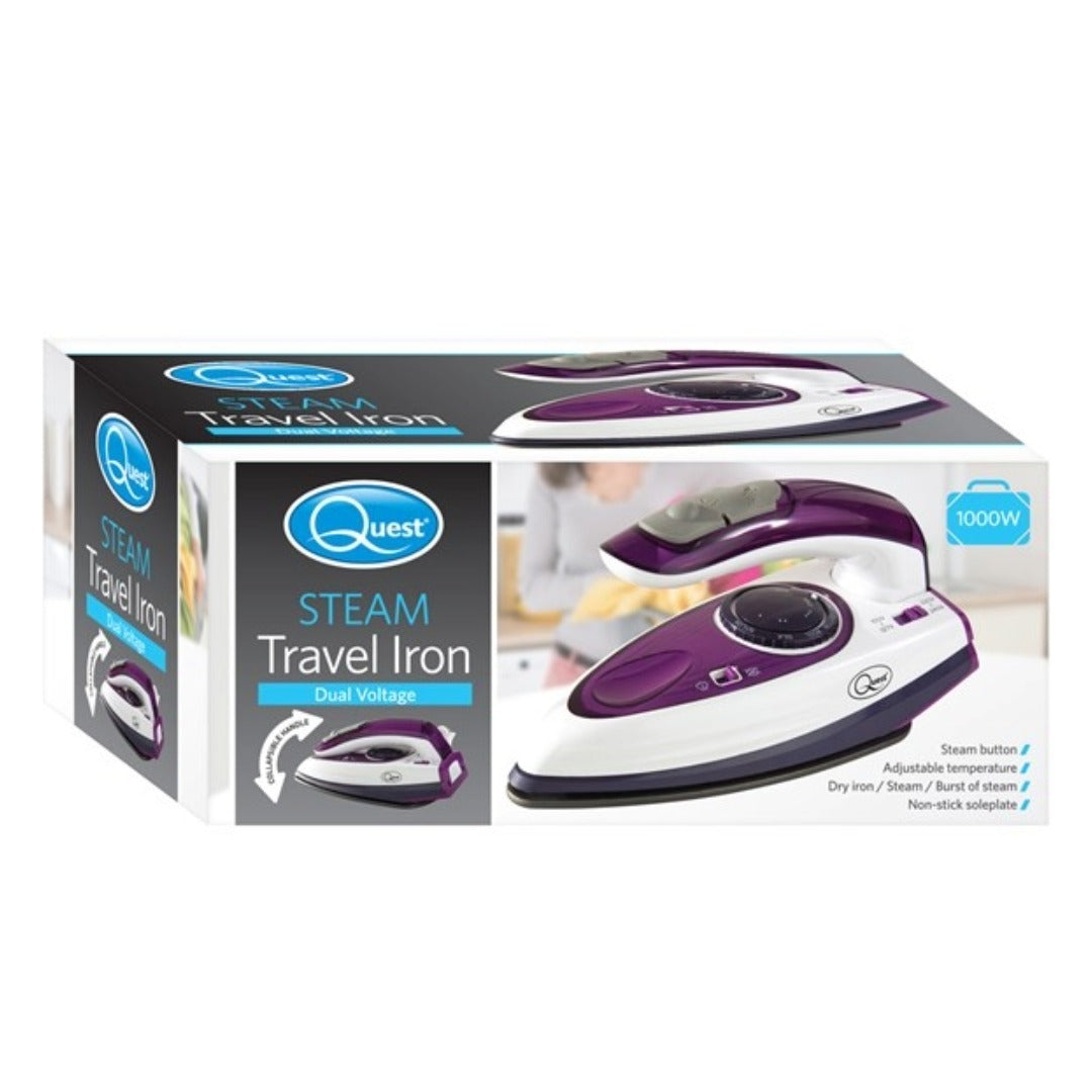 Quest 1000W Travel Steam Iron Collapsible Handle 50ml Water Tank Non Stick Plate