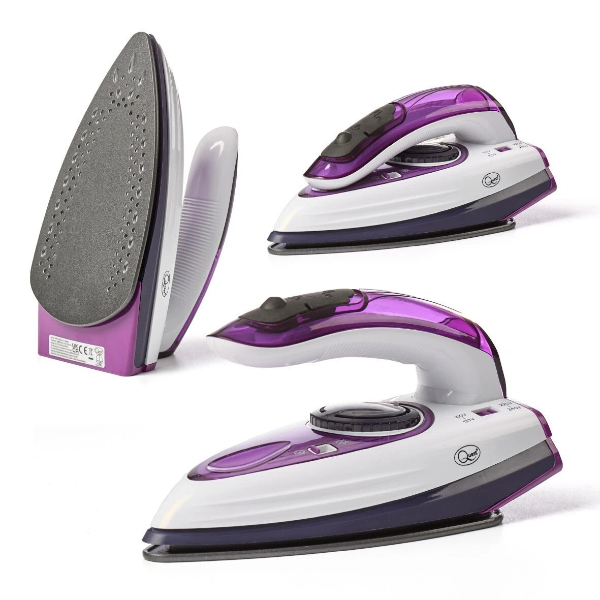 Quest 1000W Travel Steam Iron Collapsible Handle 50ml Water Tank Non Stick Plate