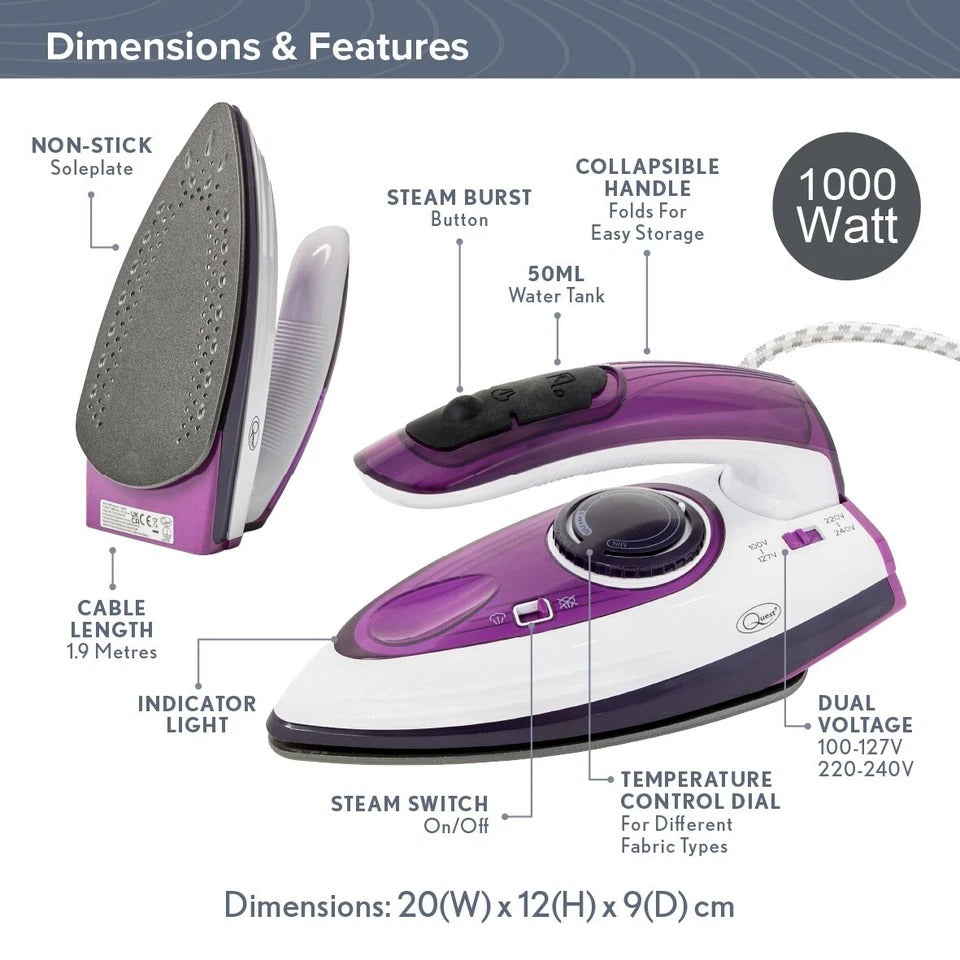 Quest 1000W Travel Steam Iron Collapsible Handle 50ml Water Tank Non Stick Plate