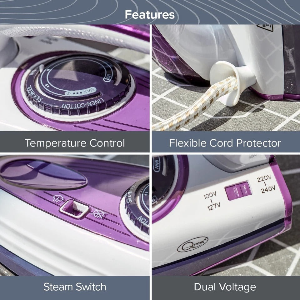 Quest 1000W Travel Steam Iron Collapsible Handle 50ml Water Tank Non Stick Plate