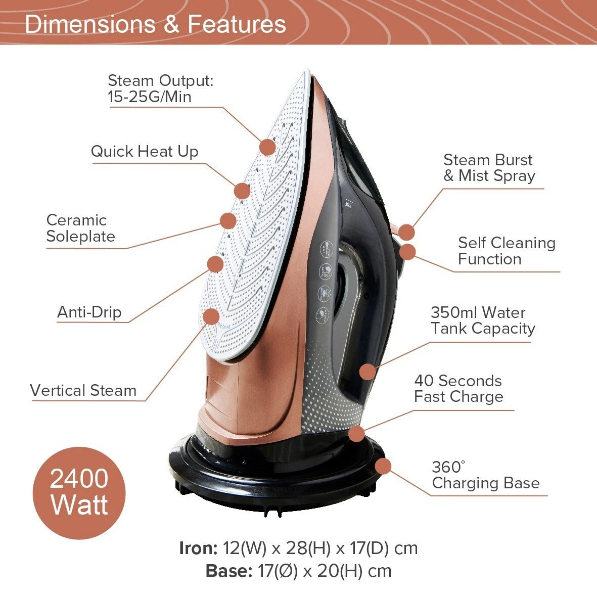 2400W Cordless Steam Iron Ceramic Soleplate Self-Cleaning Anti-Drip Design Tank