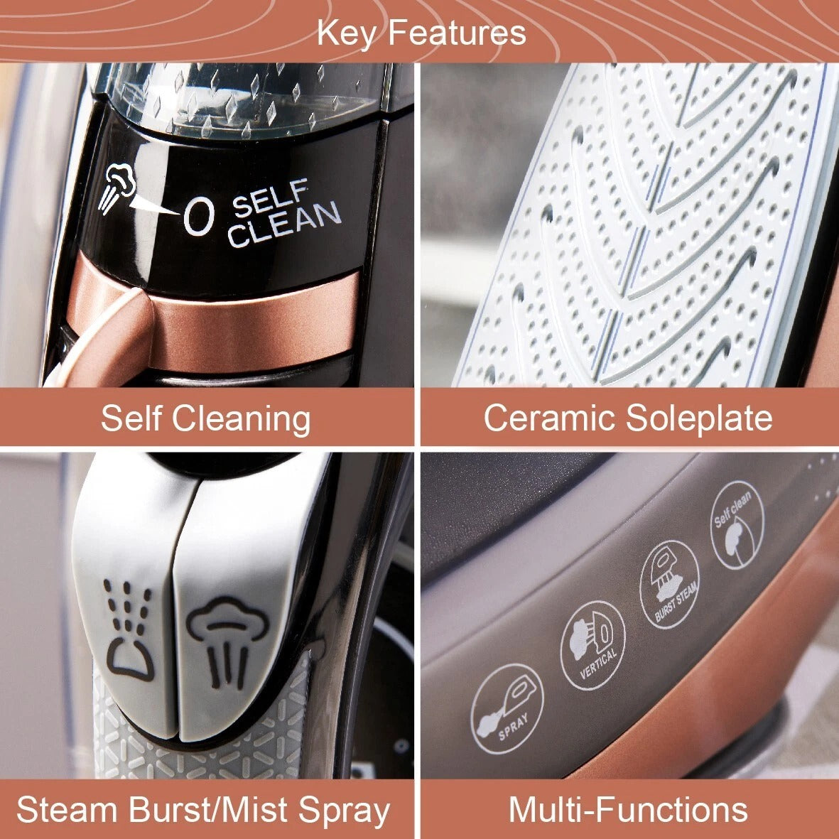 2400W Cordless Steam Iron Ceramic Soleplate Self-Cleaning Anti-Drip Design Tank