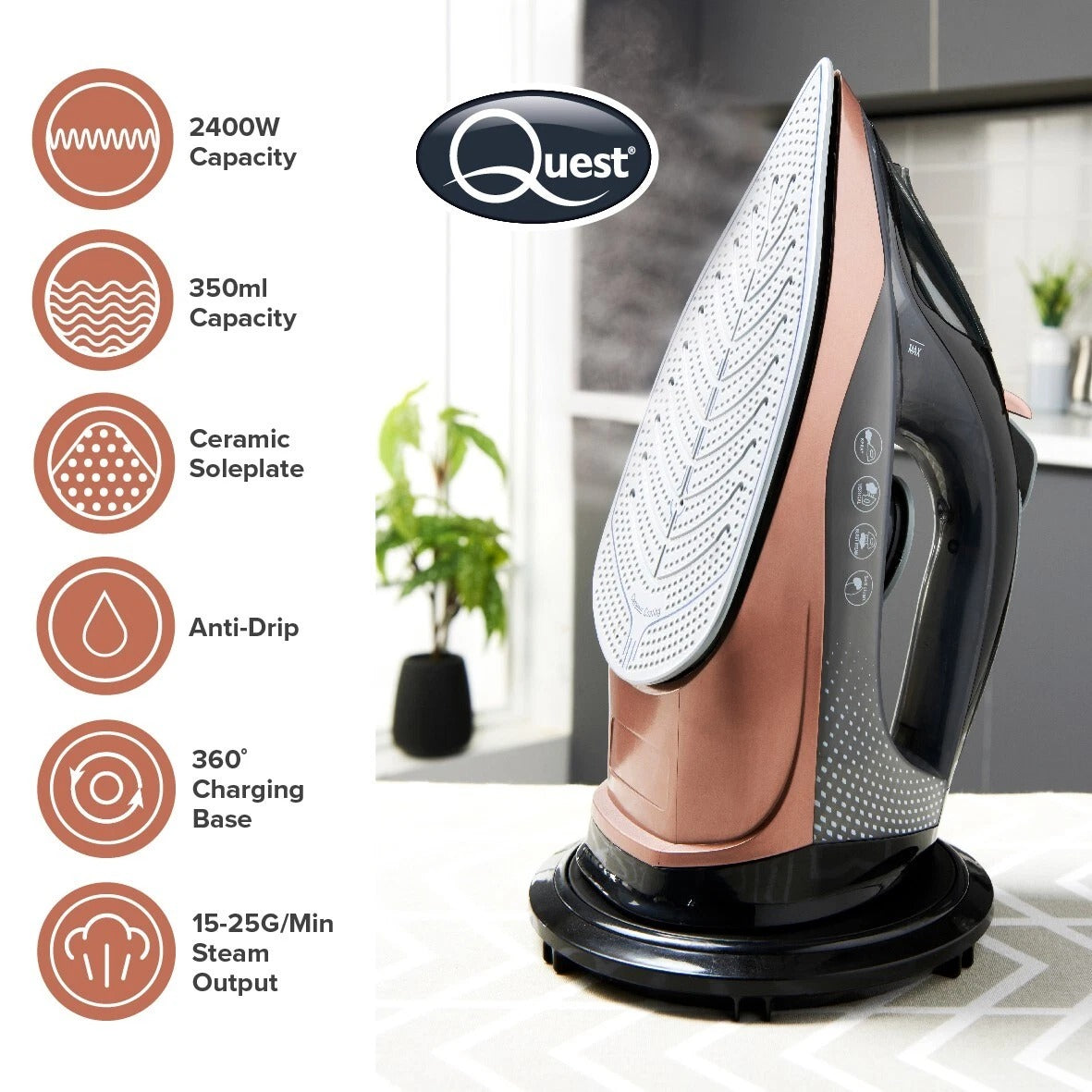 2400W Cordless Steam Iron Ceramic Soleplate Self-Cleaning Anti-Drip Design Tank