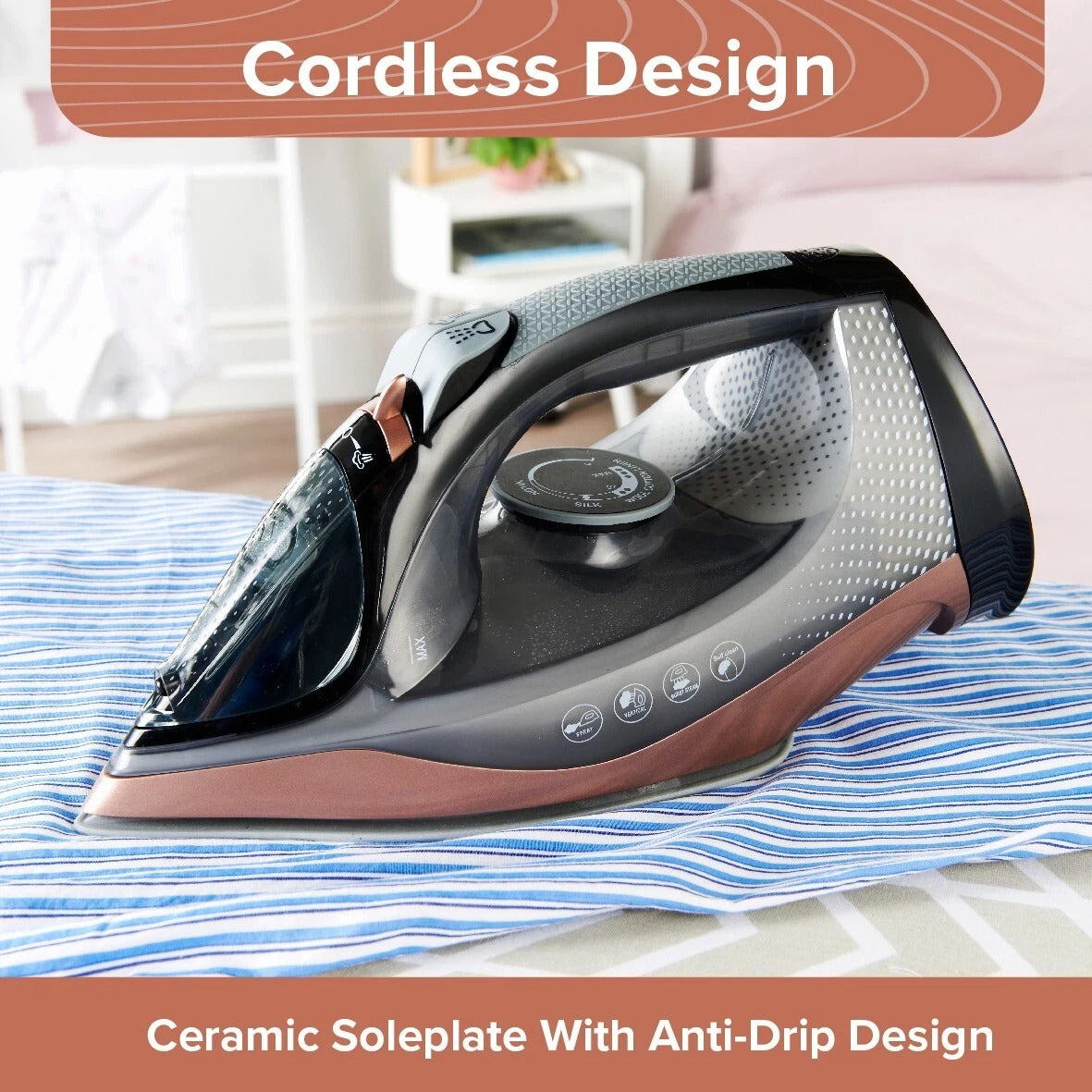 2400W Cordless Steam Iron Ceramic Soleplate Self-Cleaning Anti-Drip Design Tank