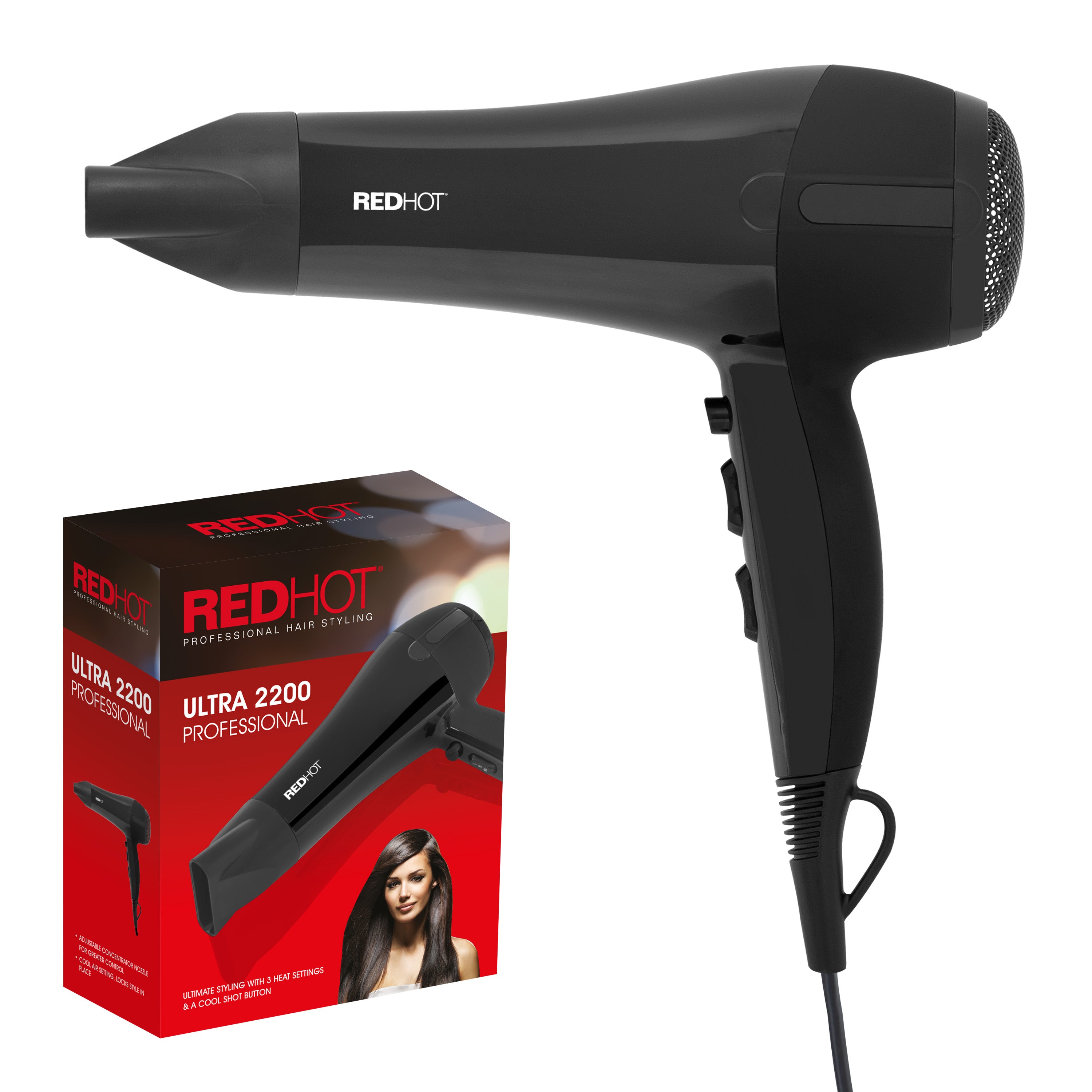 Red Hot Hair Dryer Compact Professional Styling Diffuser Concentrator Nozzle