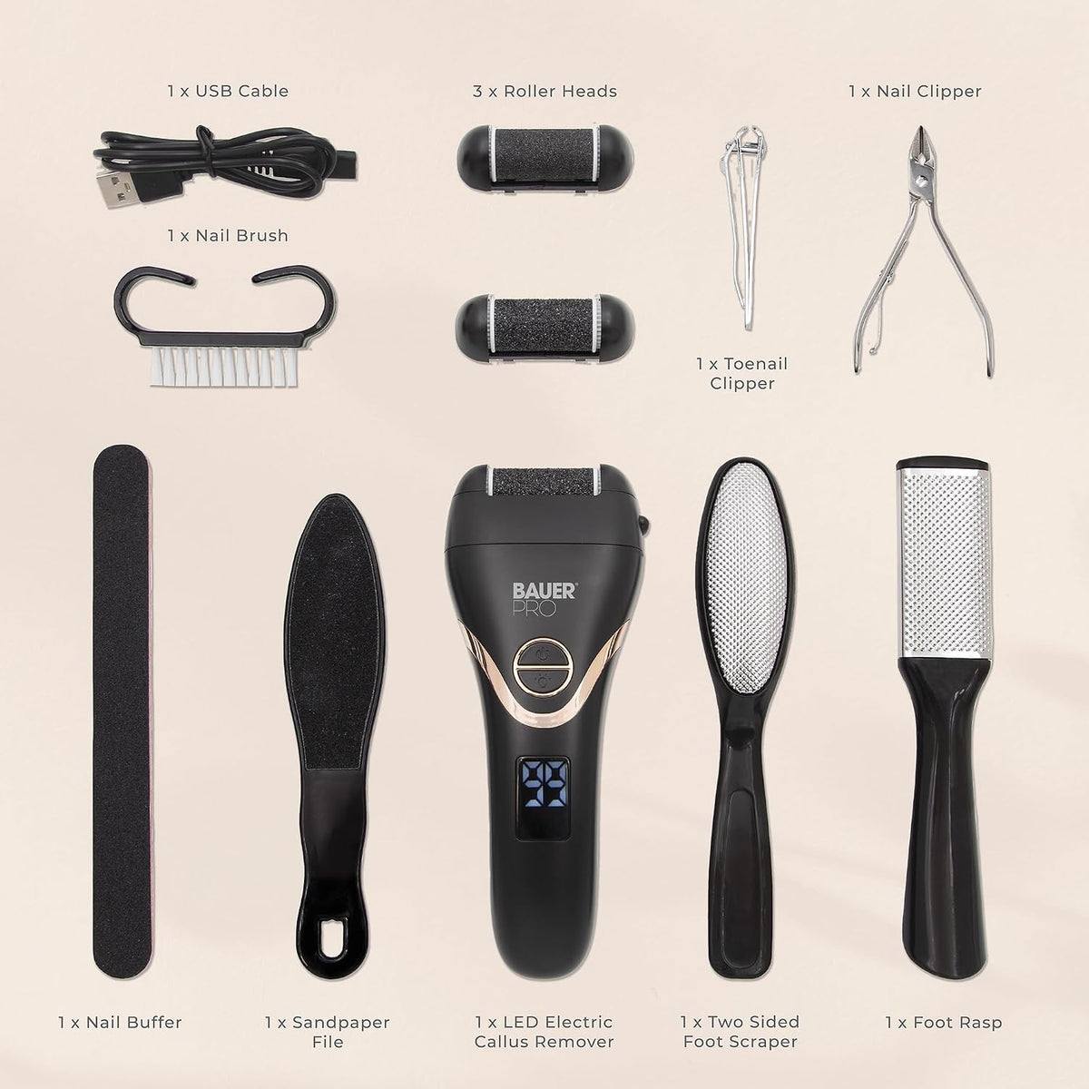 Bauer Electric Foot File Hard Skin Callus Remover Rechargeable Pedicure Kit