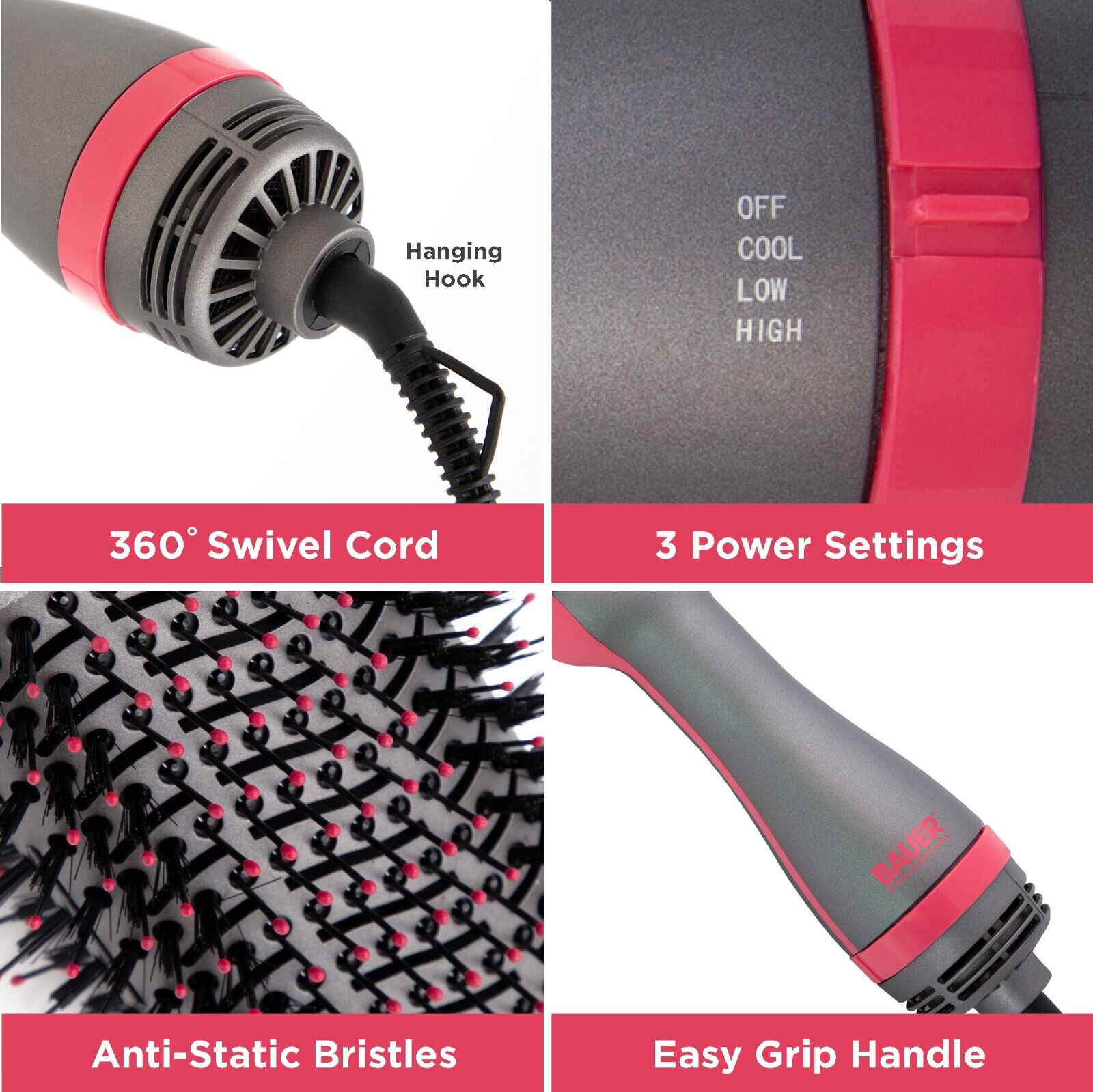 Bauer Hot Air Blow Dry Brush 2 in 1 Hair Dryer & Ionic Styler Short or Long Hair