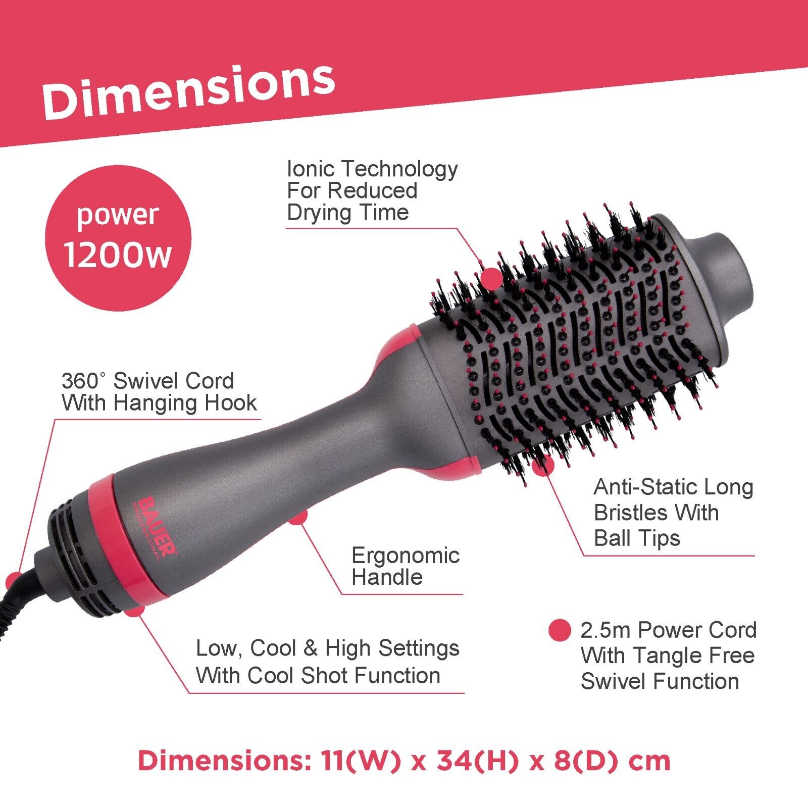 Bauer Hot Air Blow Dry Brush 2 in 1 Hair Dryer & Ionic Styler Short or Long Hair