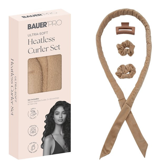 Bauer Heatless Hair Curler Set No Heat Rod with Scrunchies Claw Clip Black Beige