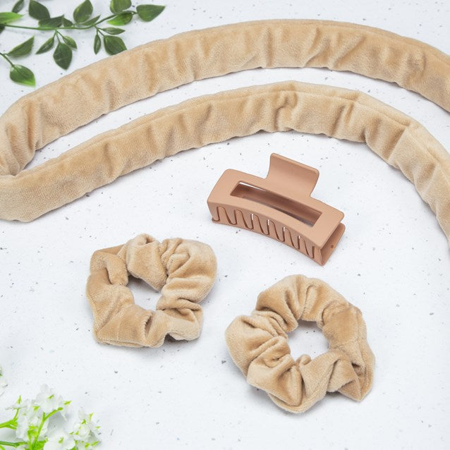 Bauer Heatless Hair Curler Set No Heat Rod with Scrunchies Claw Clip Black Beige