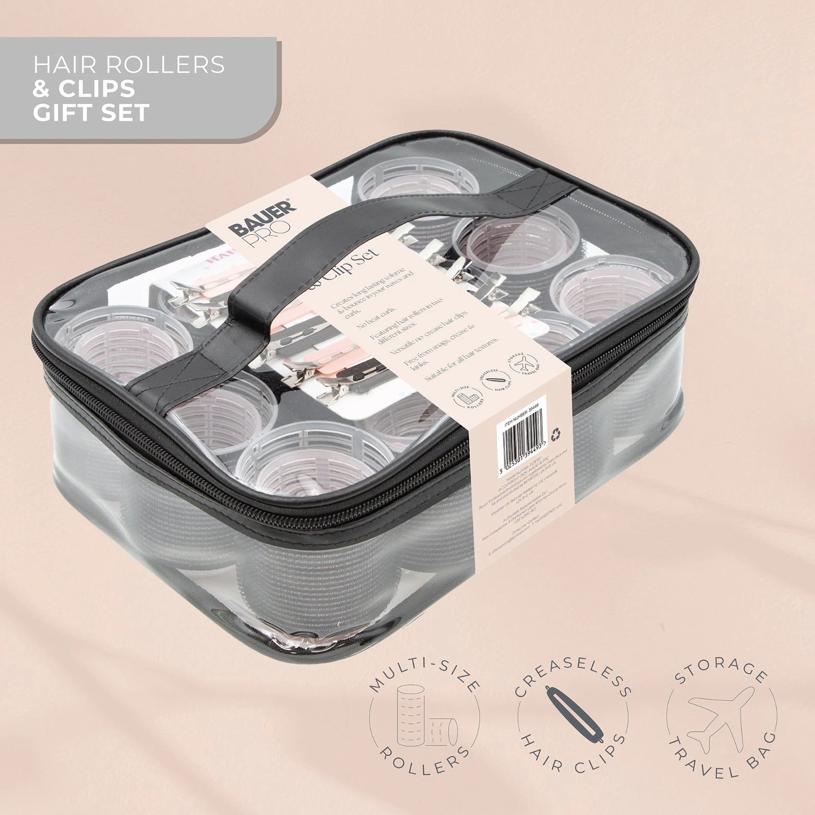 Bauer Volume & Curl Set 24PC Hair Rollers with 12 Creaseless Clips Storage Bag