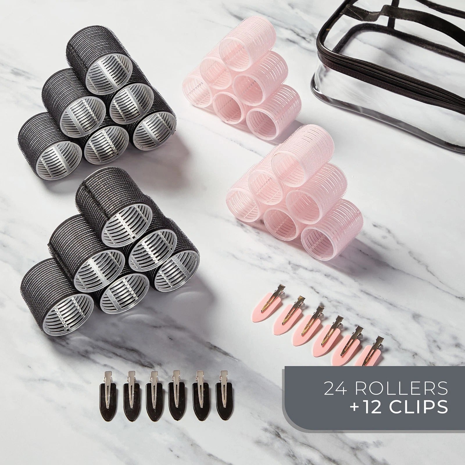 Bauer Volume & Curl Set 24PC Hair Rollers with 12 Creaseless Clips Storage Bag
