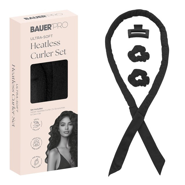 Bauer Heatless Hair Curler Set No Heat Rod with Scrunchies Claw Clip Black Beige