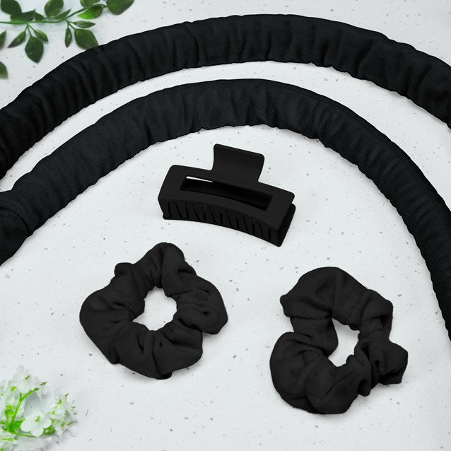 Bauer Heatless Hair Curler Set No Heat Rod with Scrunchies Claw Clip Black Beige