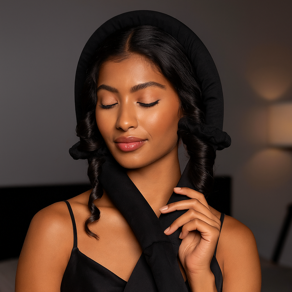 Bauer Heatless Hair Curler Set No Heat Rod with Scrunchies Claw Clip Black Beige