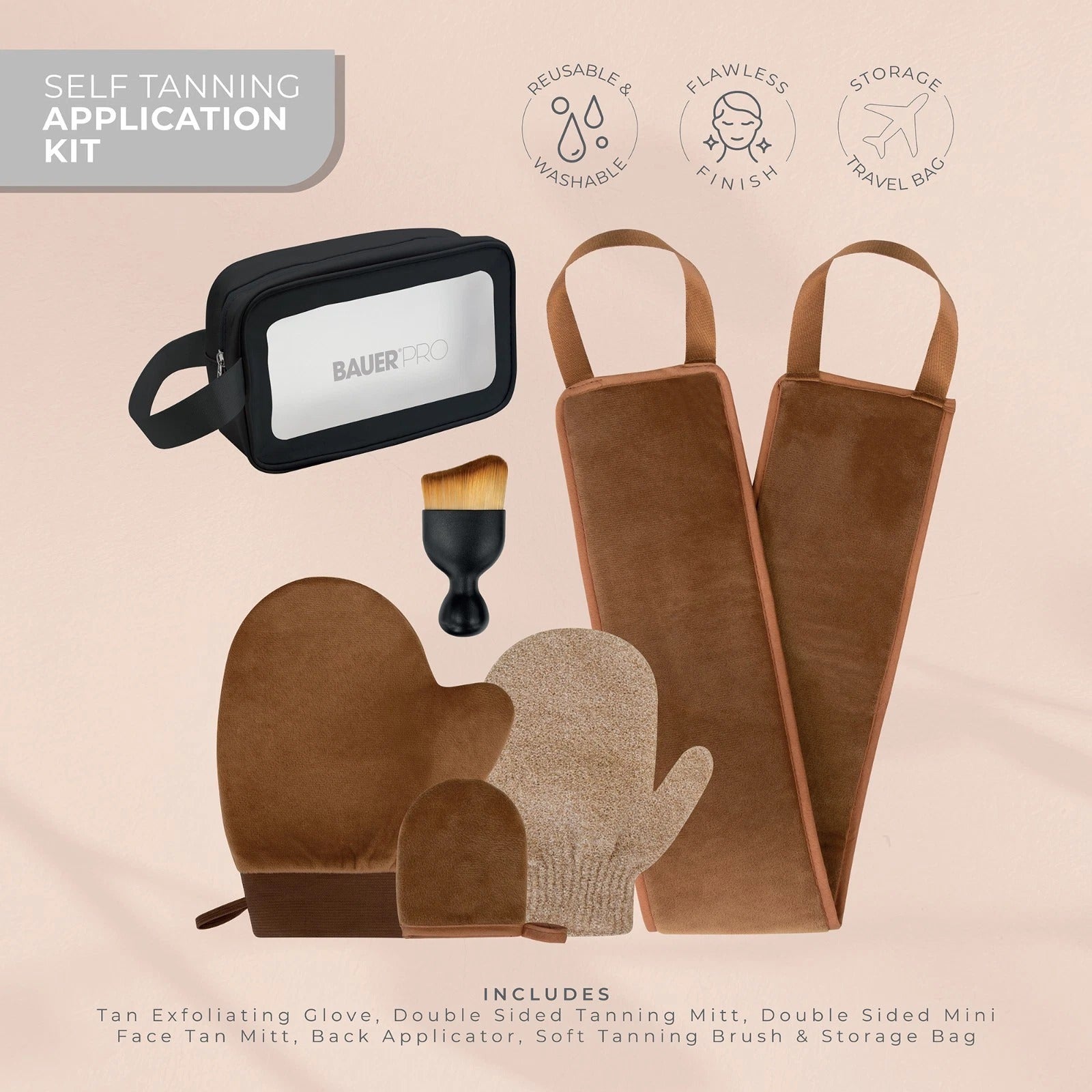 Bauer 6pc Self Tan Accessories Set Face & Body Applicator Mitts Brush Glove Bag