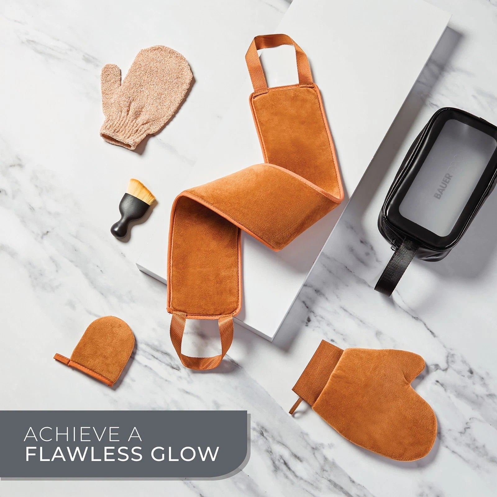 Bauer 6pc Self Tan Accessories Set Face & Body Applicator Mitts Brush Glove Bag