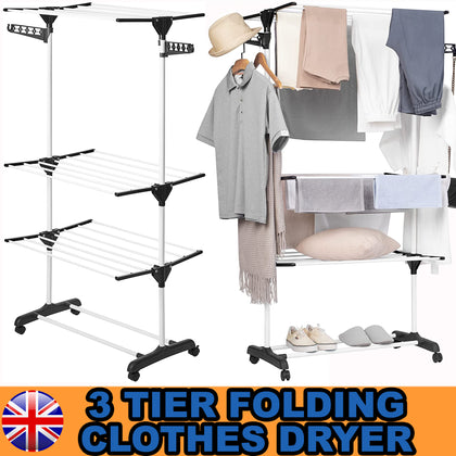 Folding 3 Tier Clothes Airer Horse Drying Rack Stand Laundry Washing Drier Line