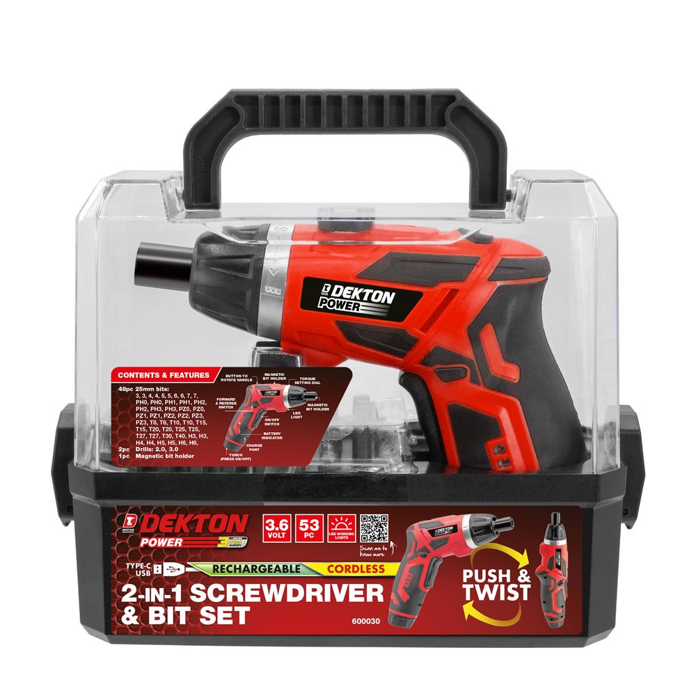 Dekton 51PC 3.6V Cordless Rechargeable Screwdriver Set 2-in-1 Driver Bit Kit
