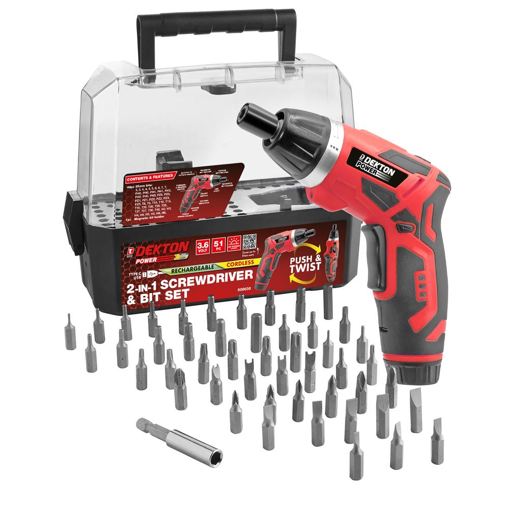 Dekton 51PC 3.6V Cordless Rechargeable Screwdriver Set 2-in-1 Driver Bit Kit