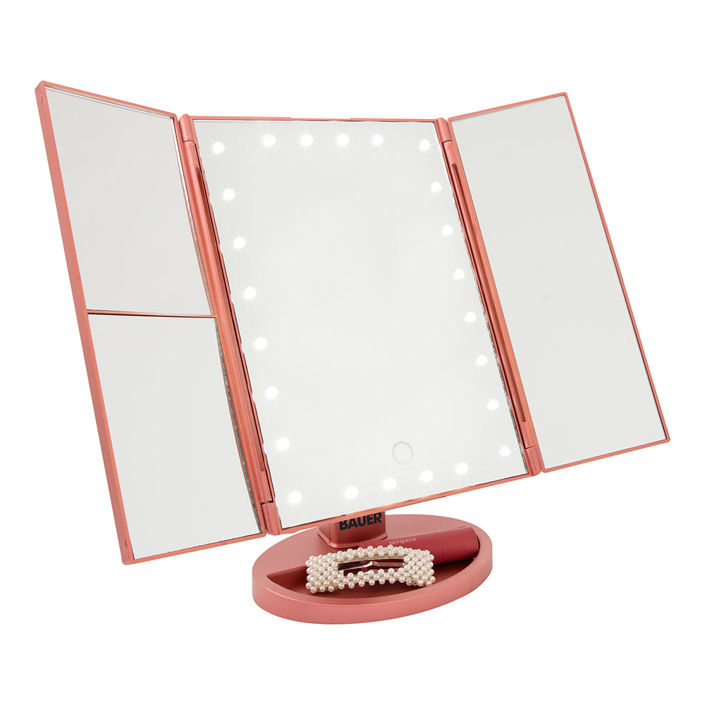 24 LED Make Up Mirror Magnifying Adjustable Foldable USB Battery Storage Compart