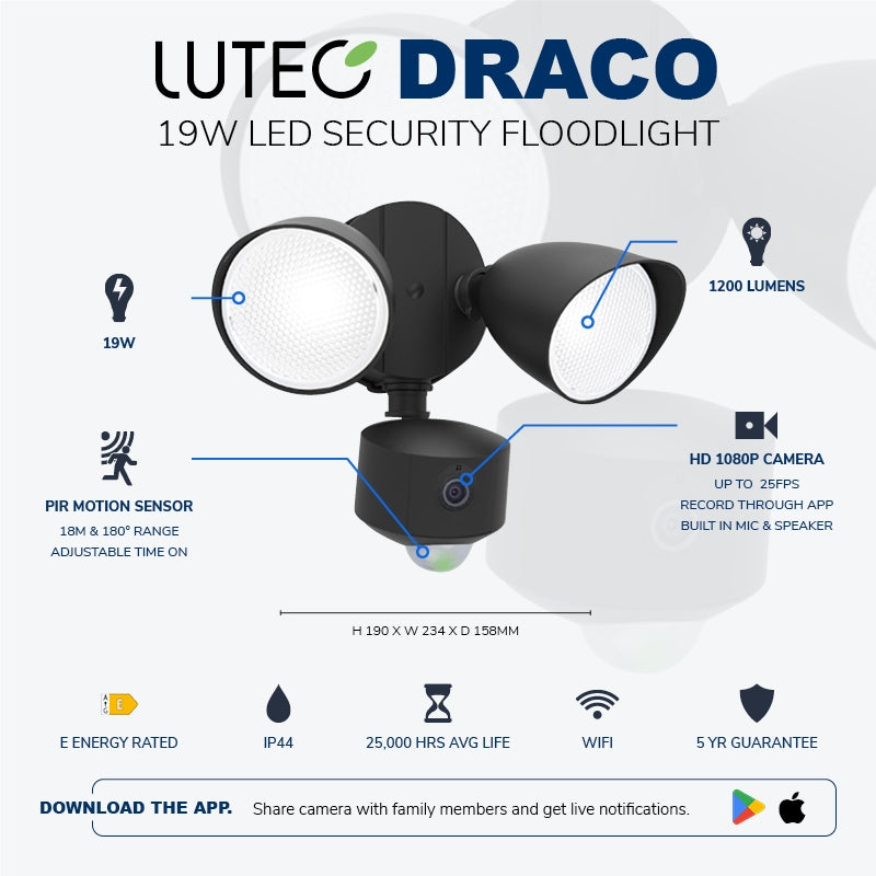 19W LED Floodlight WIFI Security Light Camera FHD PIR Sensor 1200 Lumens 1080P