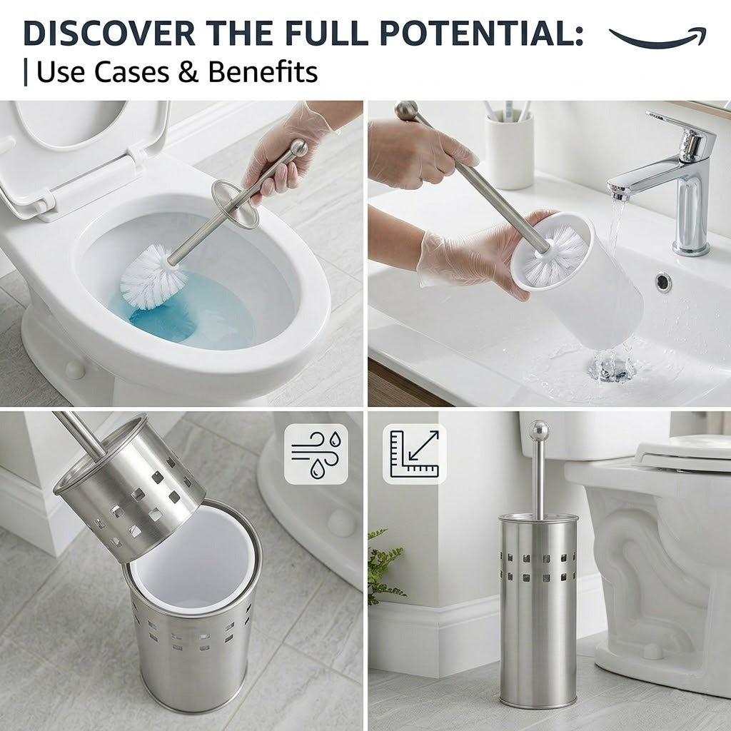 Toilet Brush with Holder Bathroom Cleaner Stainless Steel Grip Plastic Bristles