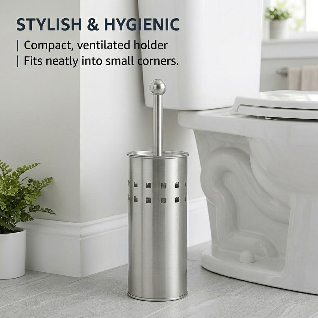 Toilet Brush with Holder Bathroom Cleaner Stainless Steel Grip Plastic Bristles
