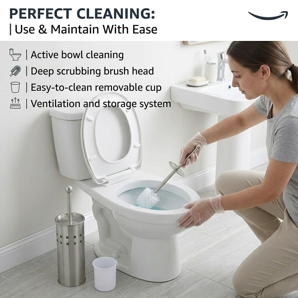 Toilet Brush with Holder Bathroom Cleaner Stainless Steel Grip Plastic Bristles