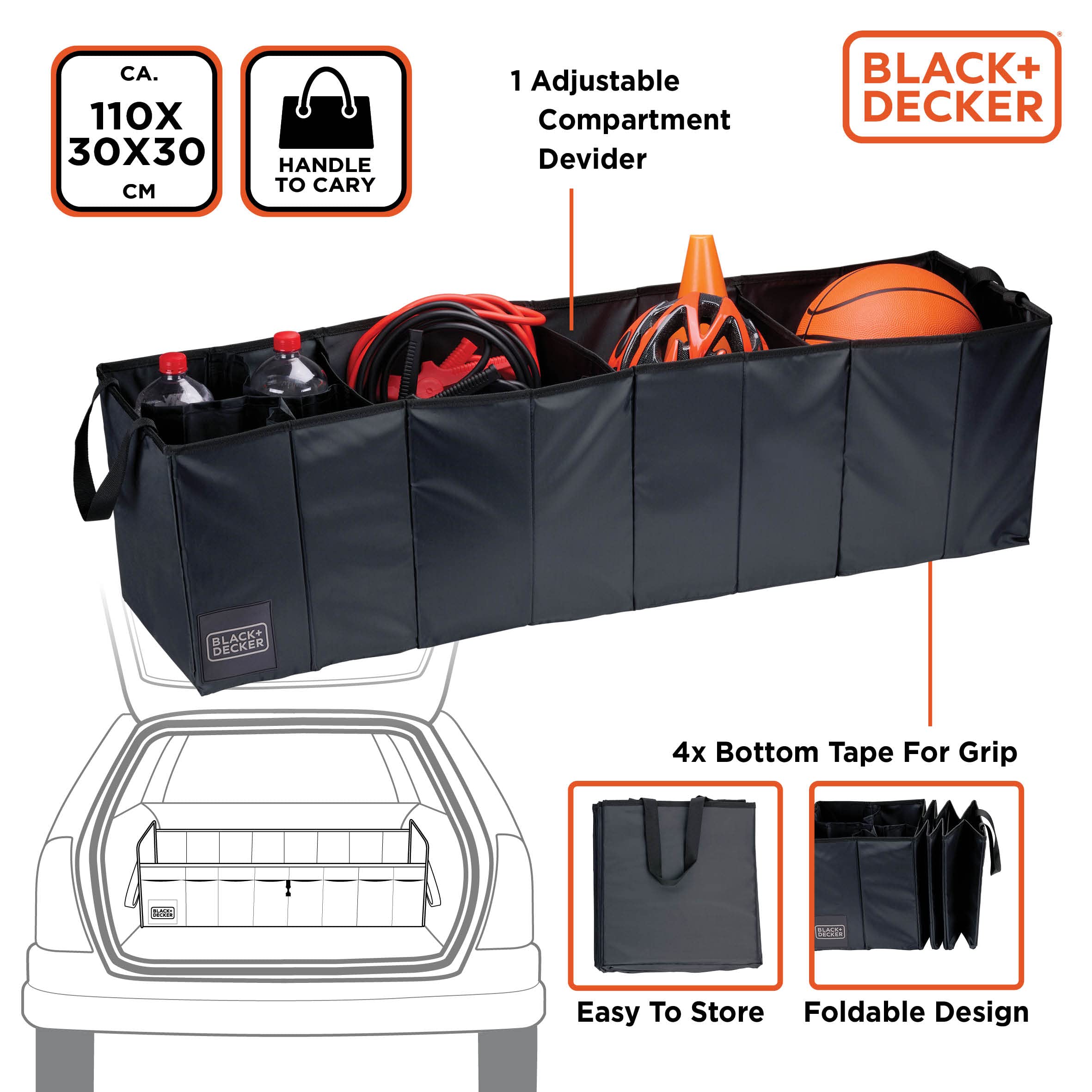 Black+Decker Car Boot Organiser Collapsible Foldable Storage Trunk 5 Compartment