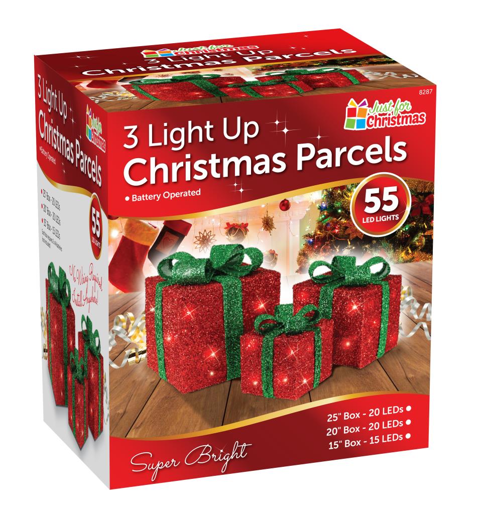 Set of 3 Light Up Christmas Present Parcels Decorations for Under the Tree LED