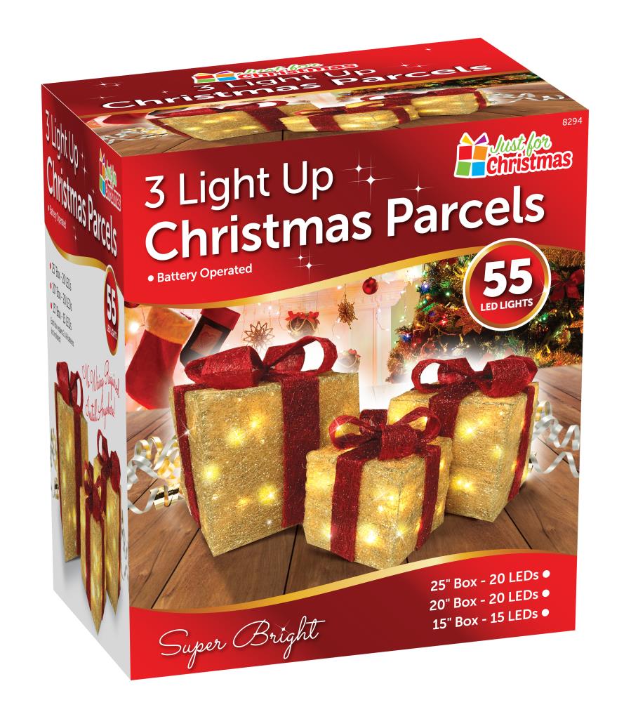 Set of 3 Light Up Christmas Present Parcels Decorations for Under the Tree LED