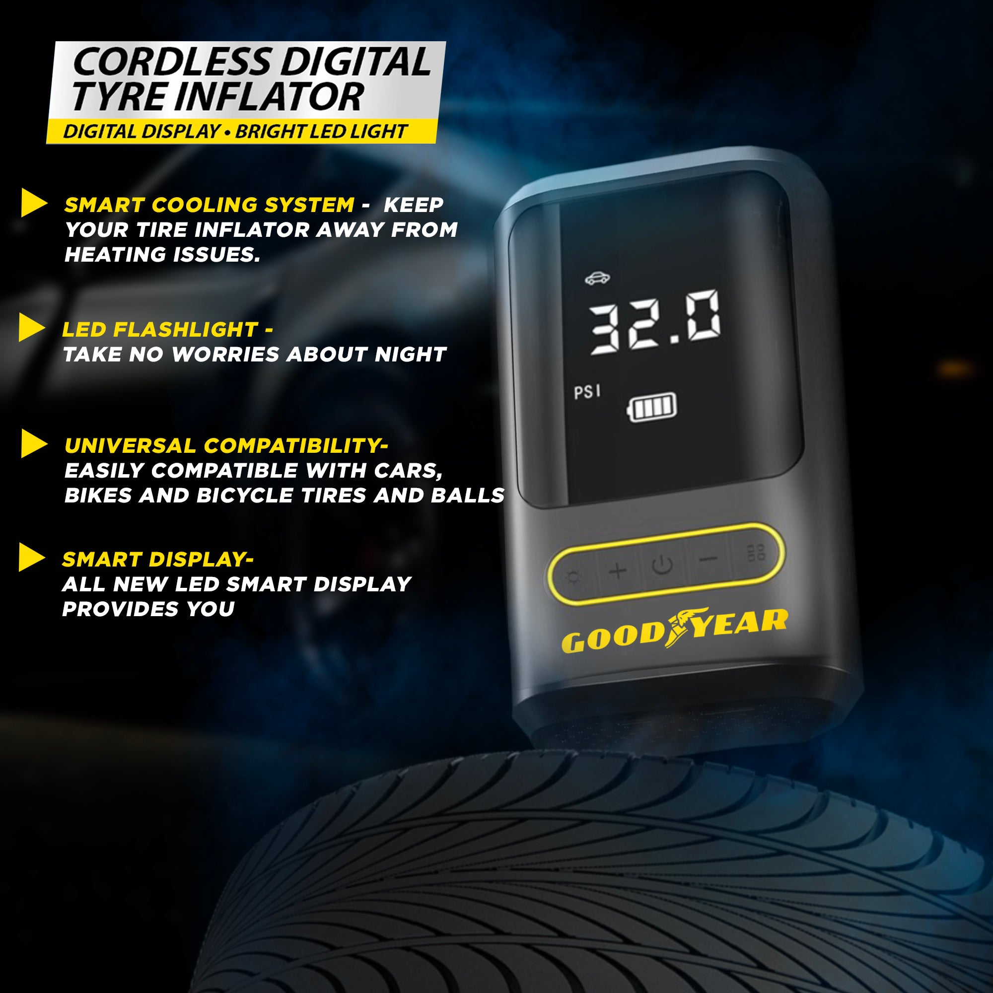 Goodyear Cordless Car Tyre Inflator Pump LED Portable Air Compressor Digital