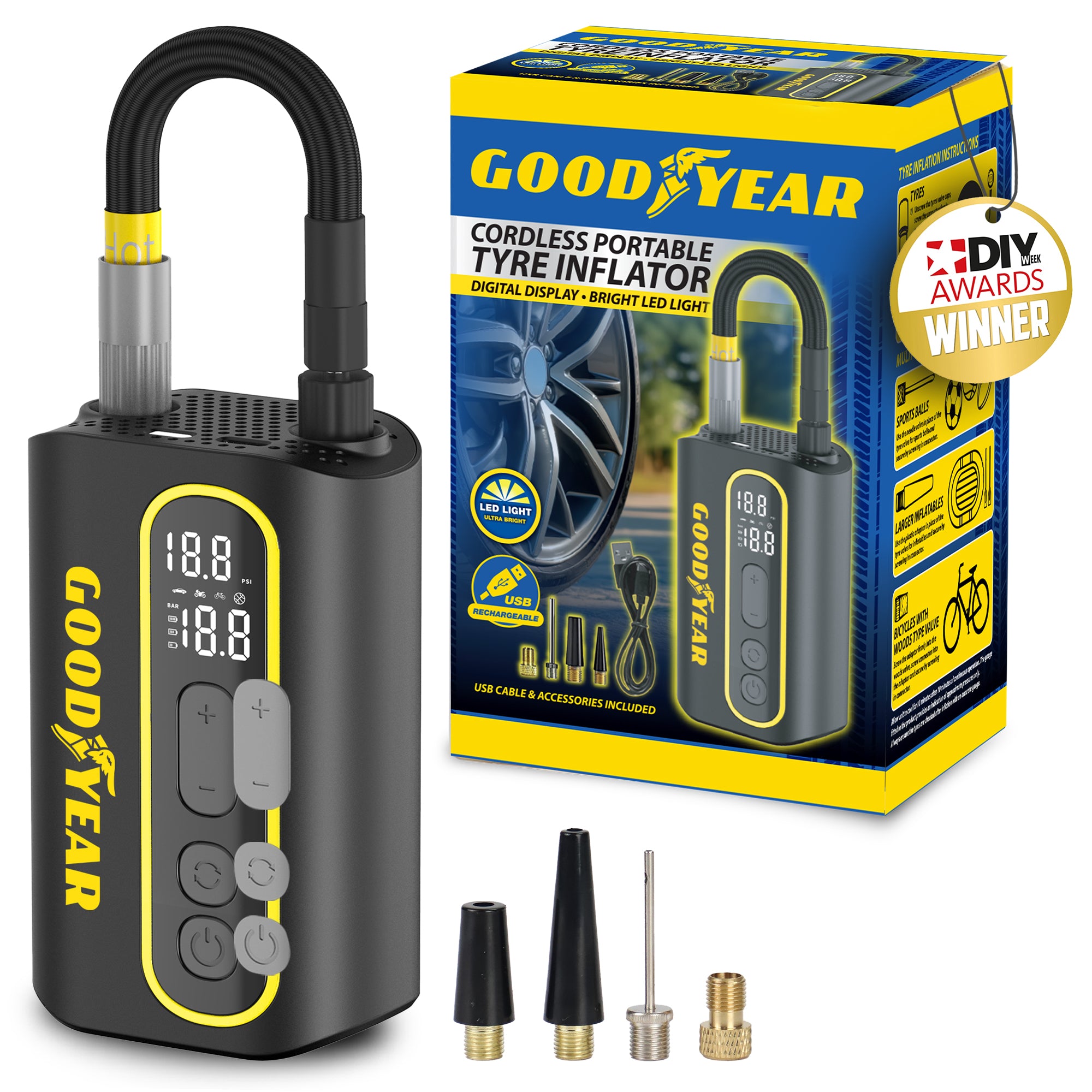 Goodyear Cordless Portable Tyre Inflator Digital Display LED Light Rechargeable