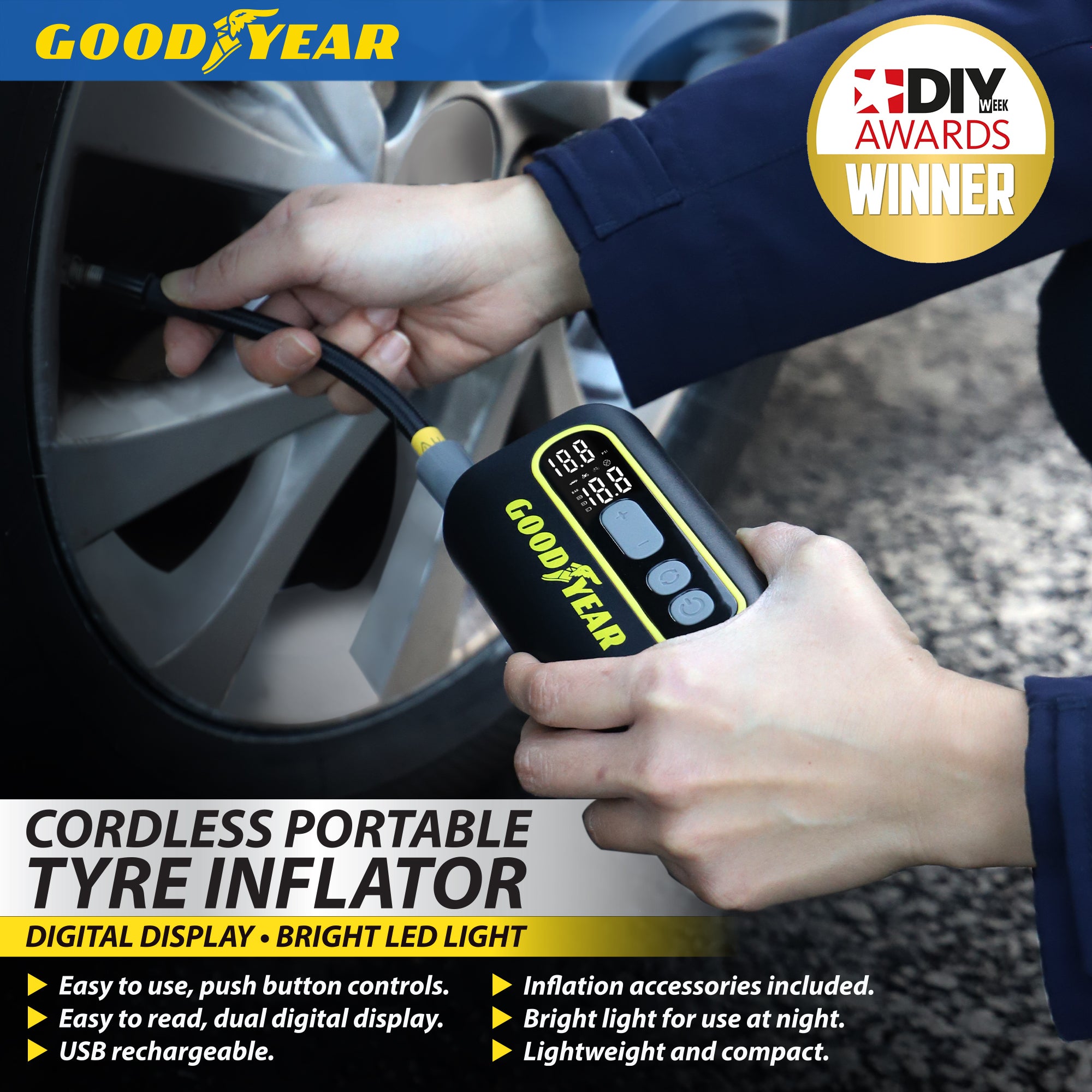Goodyear Cordless Portable Tyre Inflator Digital Display LED Light Rechargeable
