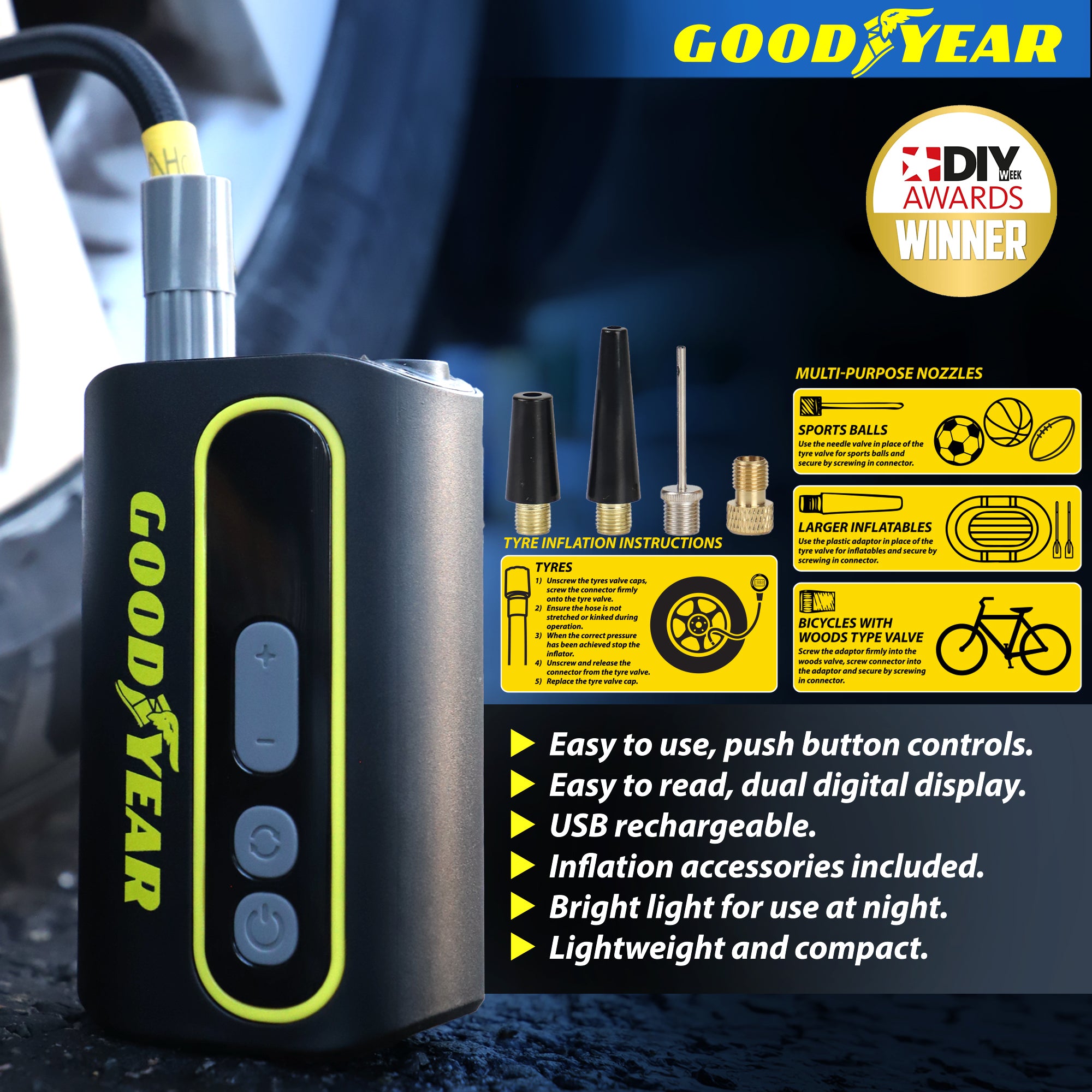 Goodyear Cordless Portable Tyre Inflator Digital Display LED Light Rechargeable