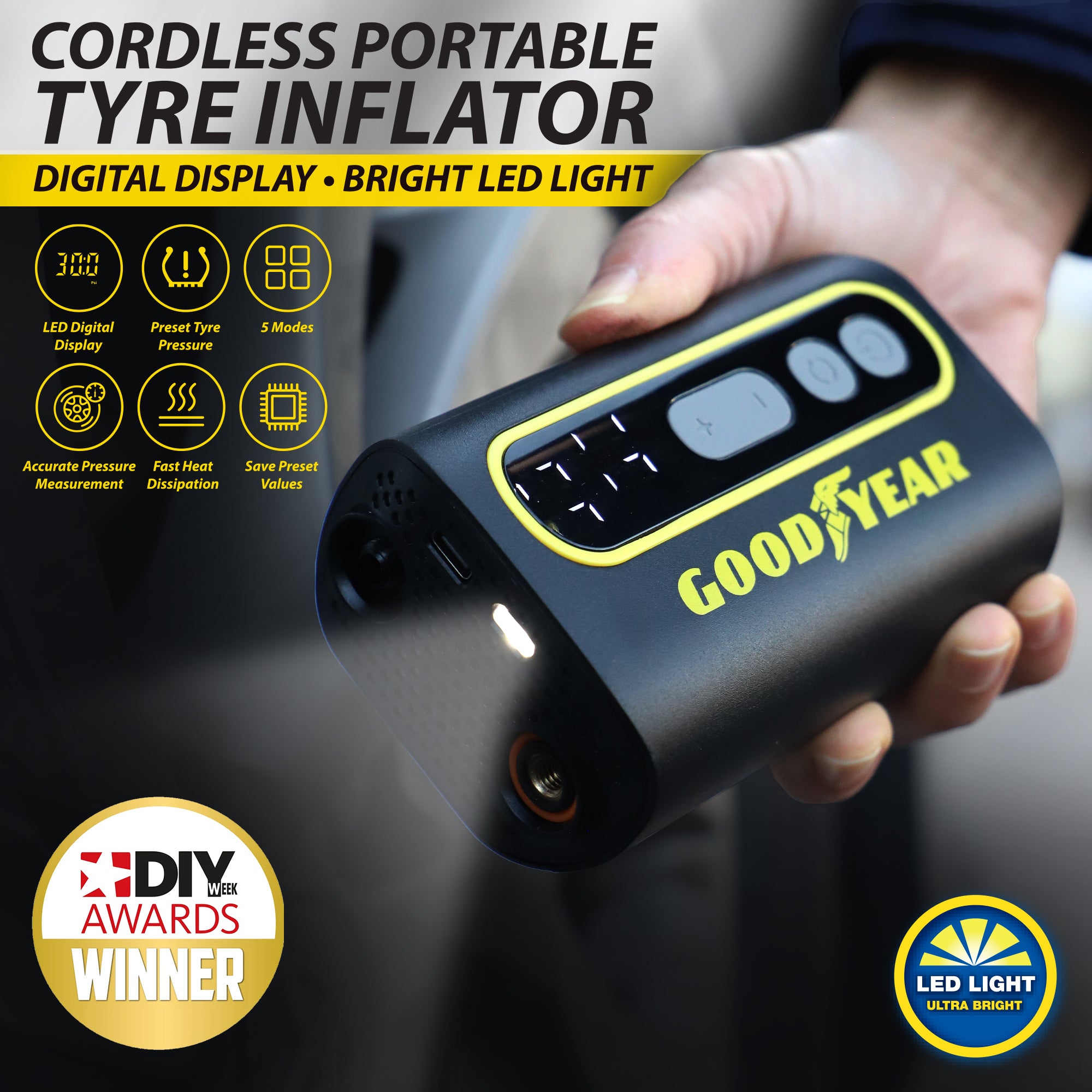 Goodyear Cordless Portable Tyre Inflator Digital Display LED Light Rechargeable