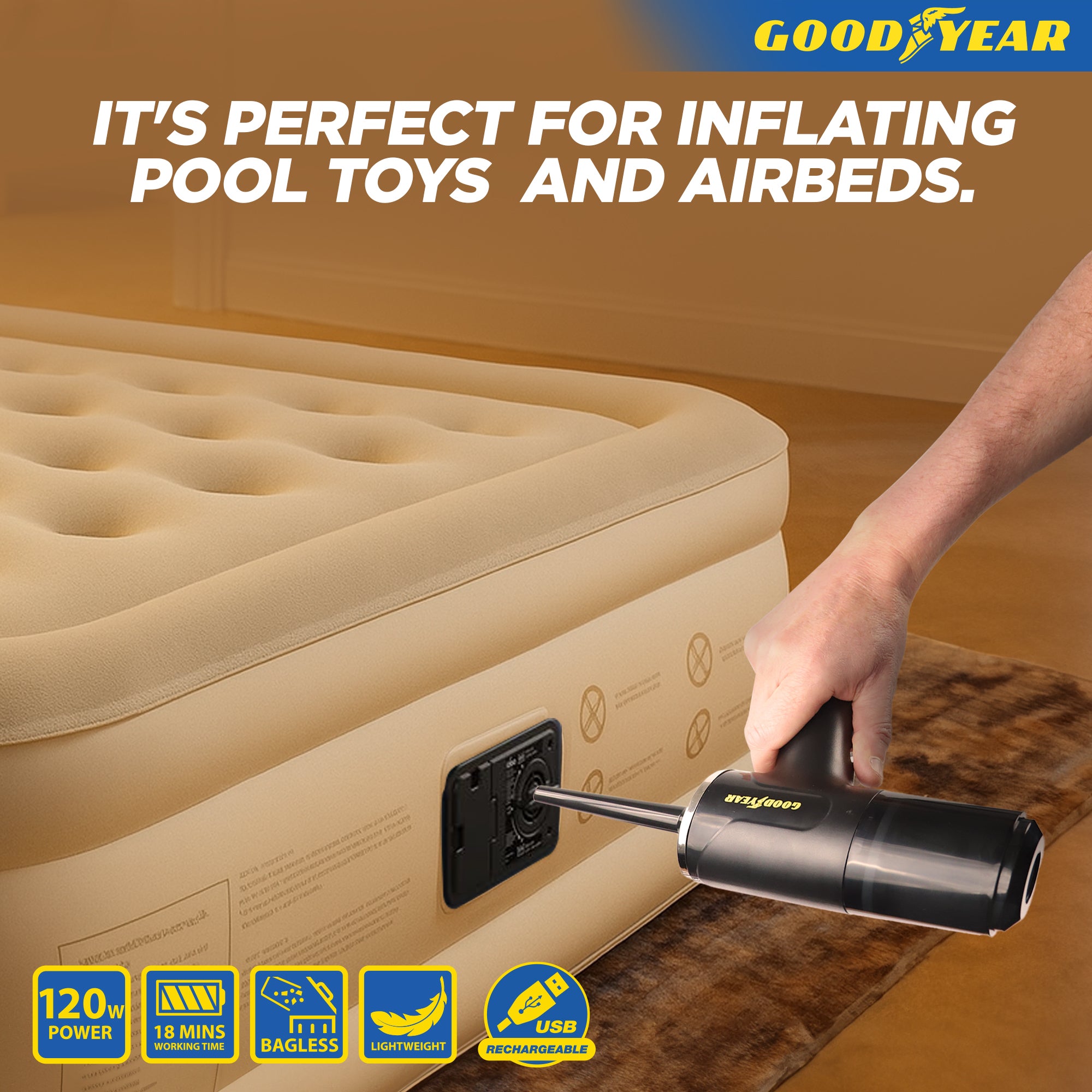 2-in-1 Goodyear Cordless Vacuum Air Duster USB Rechargeable Portable Bagless