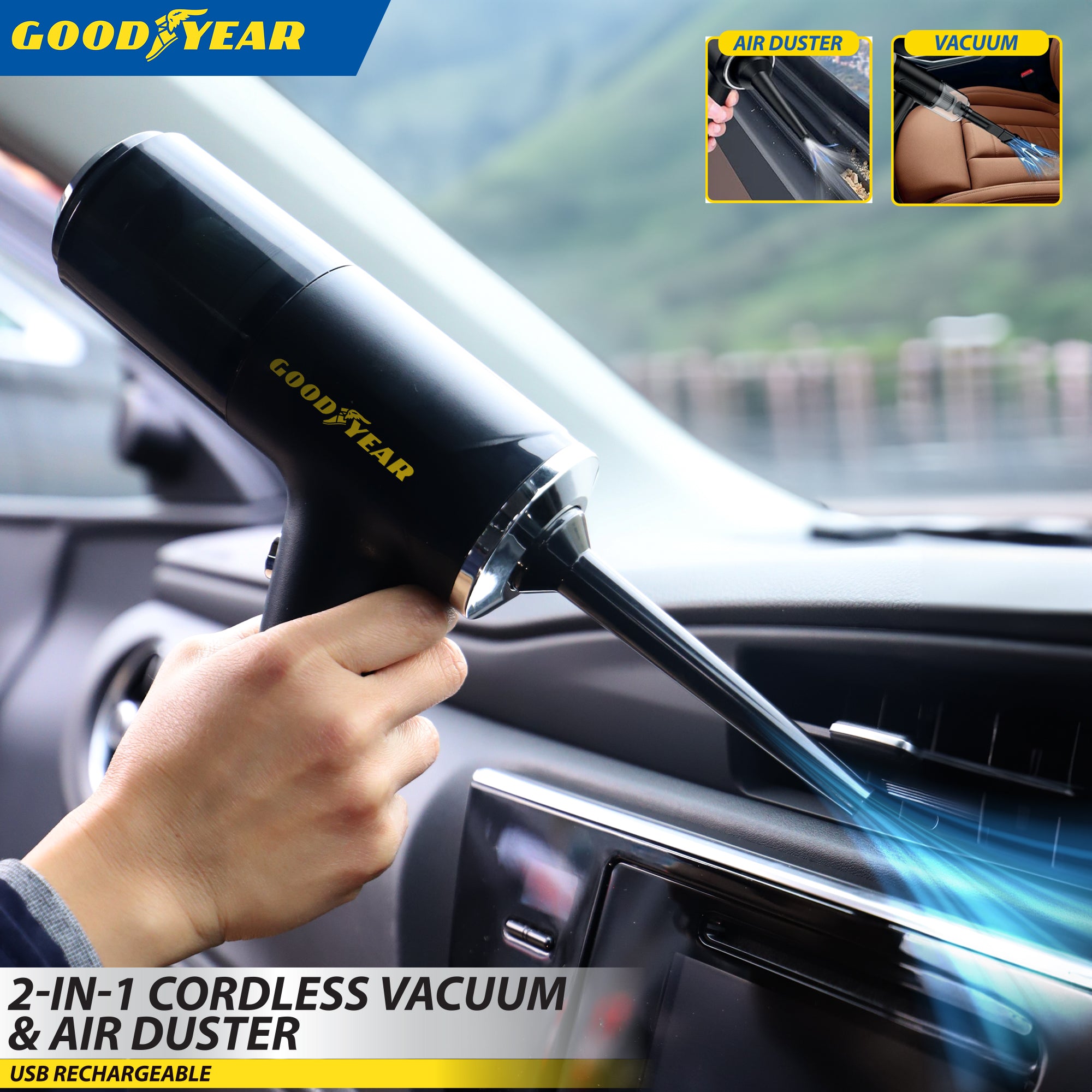 2-in-1 Goodyear Cordless Vacuum Air Duster USB Rechargeable Portable Bagless