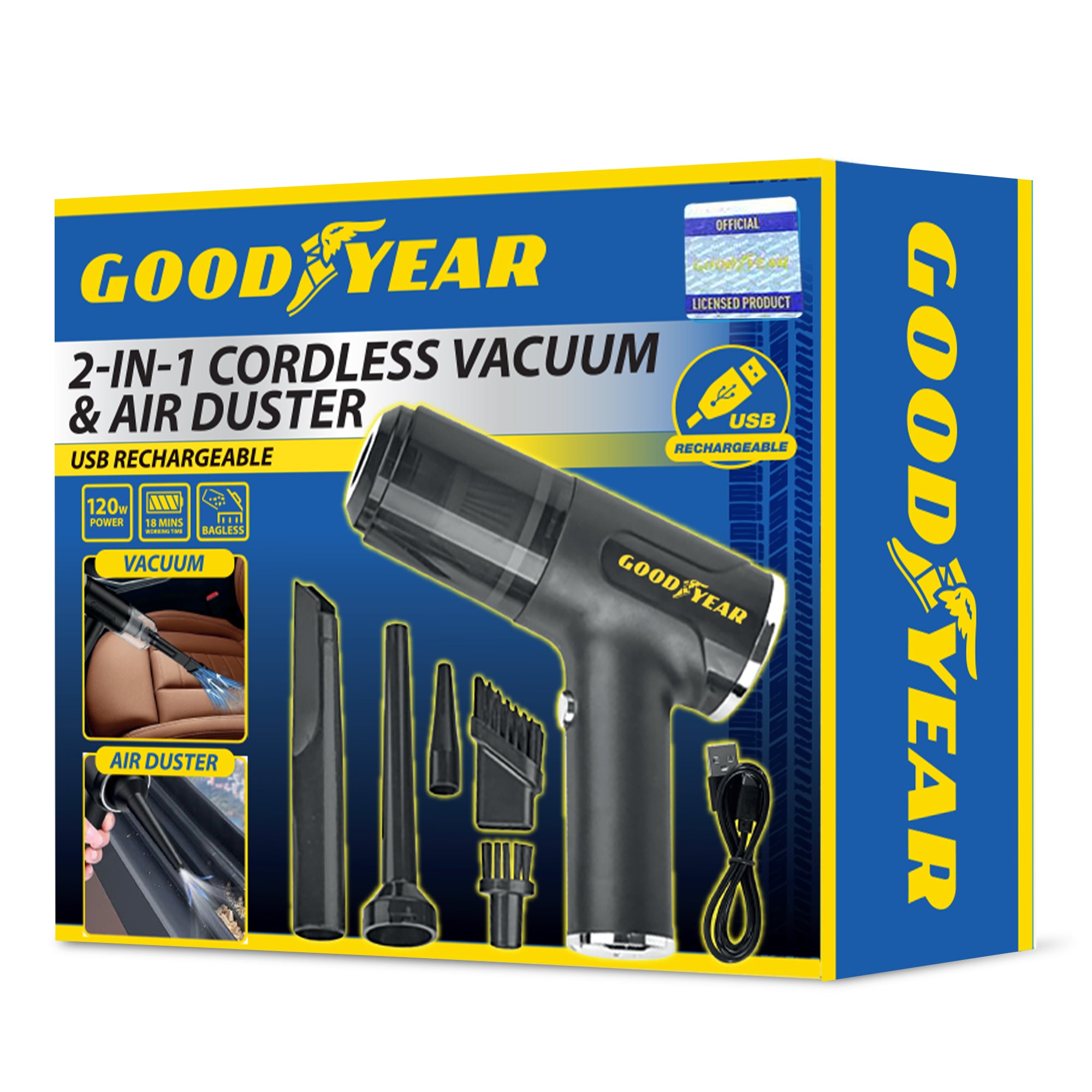 2-in-1 Goodyear Cordless Vacuum Air Duster USB Rechargeable Portable Bagless