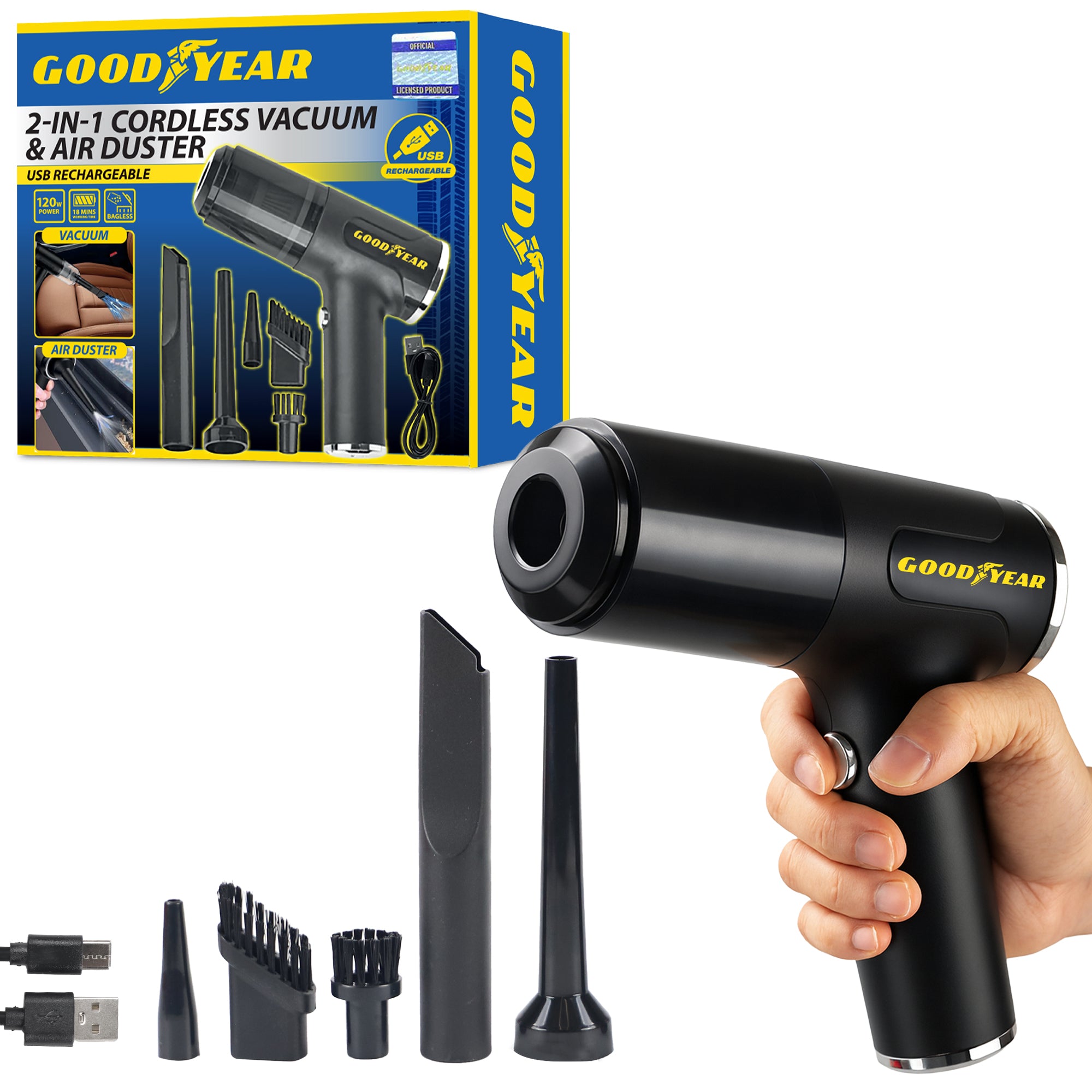 2-in-1 Goodyear Cordless Vacuum Air Duster USB Rechargeable Portable Bagless