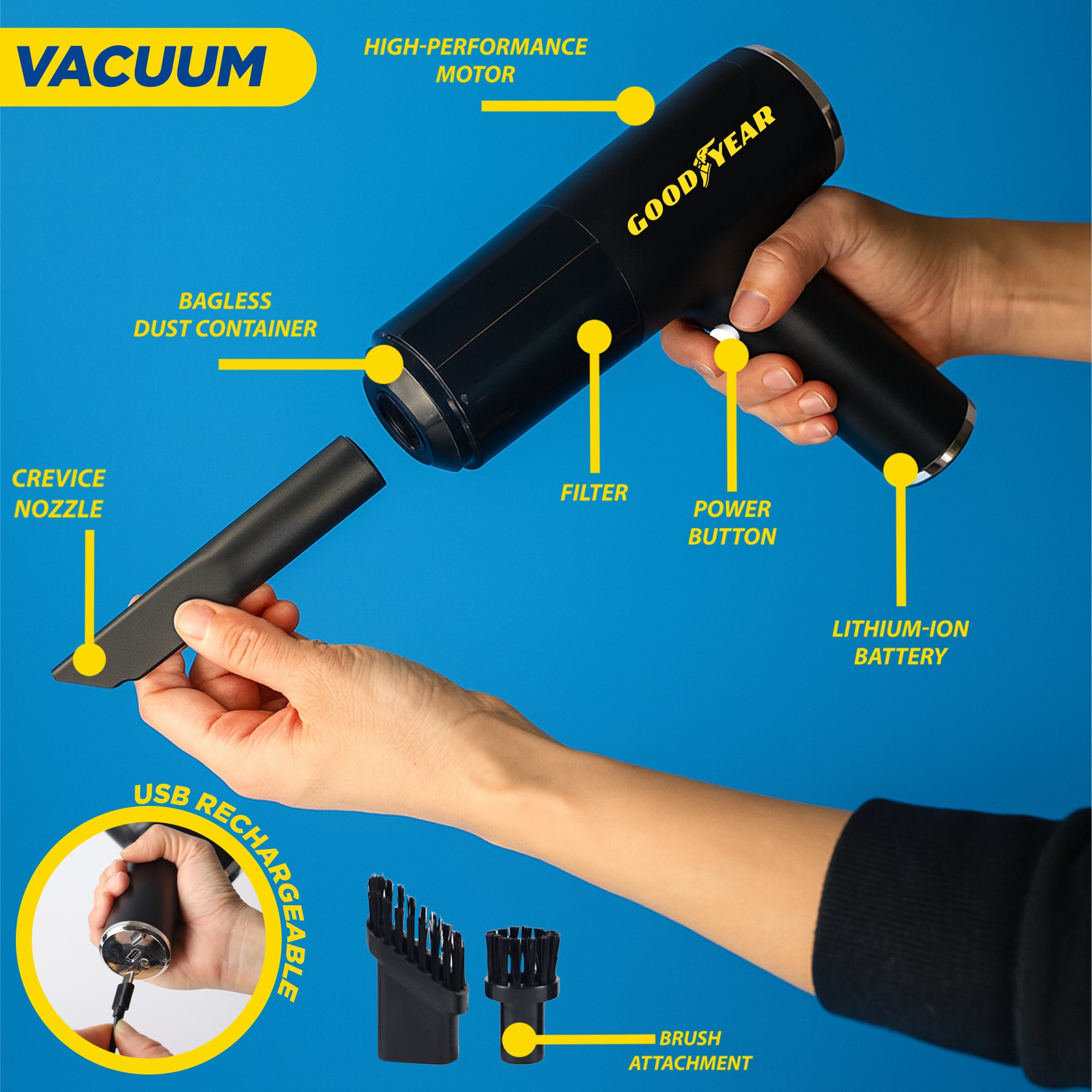 2-in-1 Goodyear Cordless Vacuum Air Duster USB Rechargeable Portable Bagless