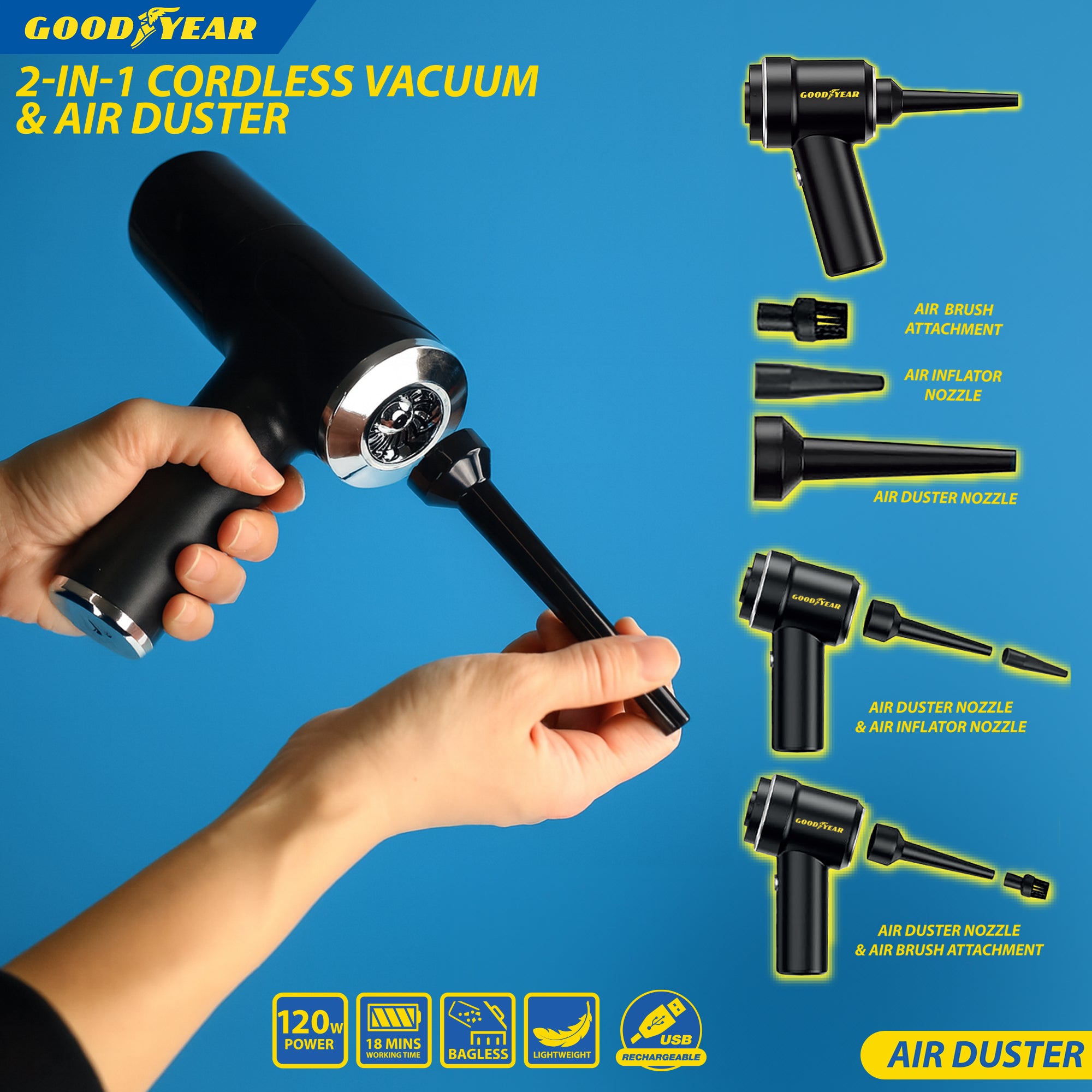 2-in-1 Goodyear Cordless Vacuum Air Duster USB Rechargeable Portable Bagless