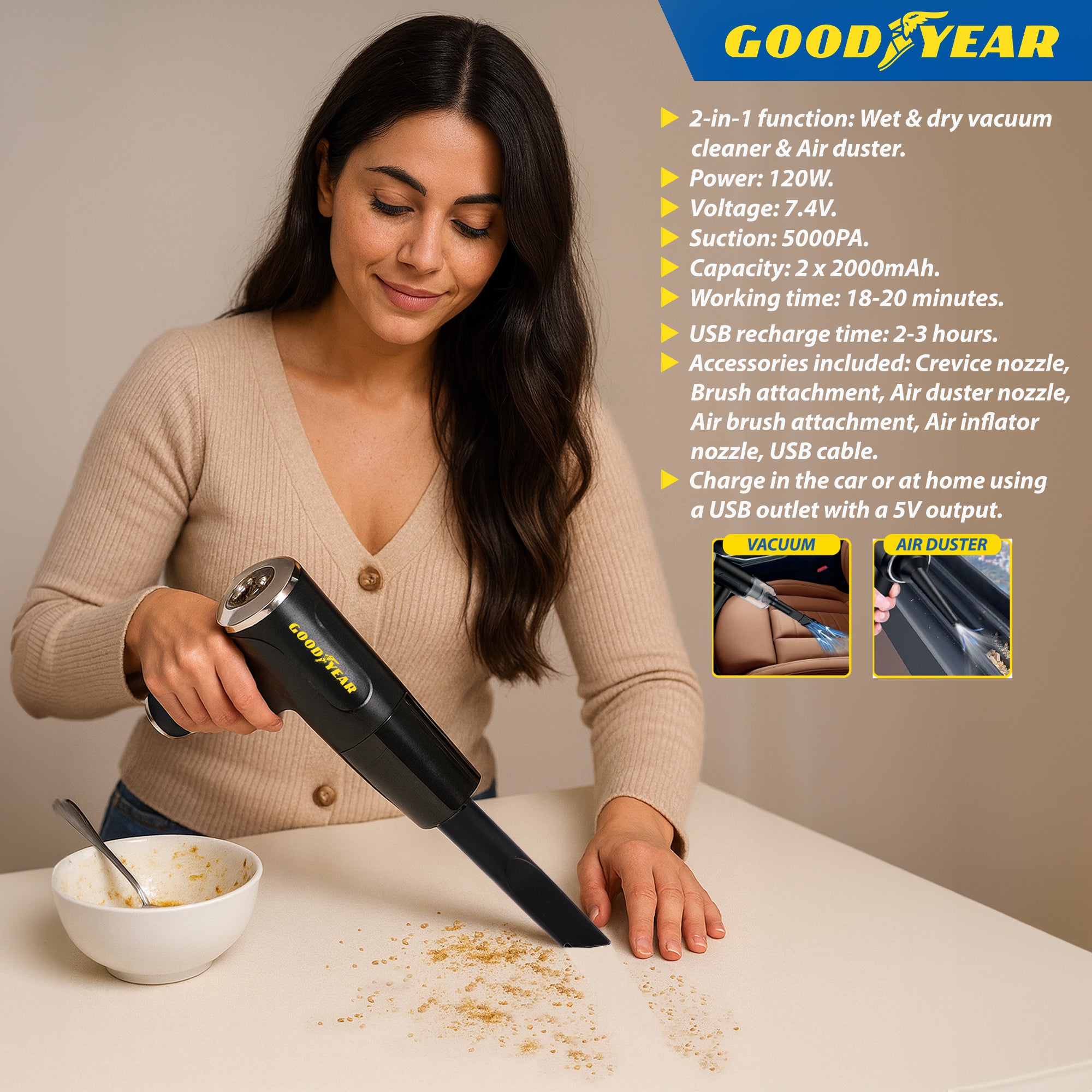 2-in-1 Goodyear Cordless Vacuum Air Duster USB Rechargeable Portable Bagless