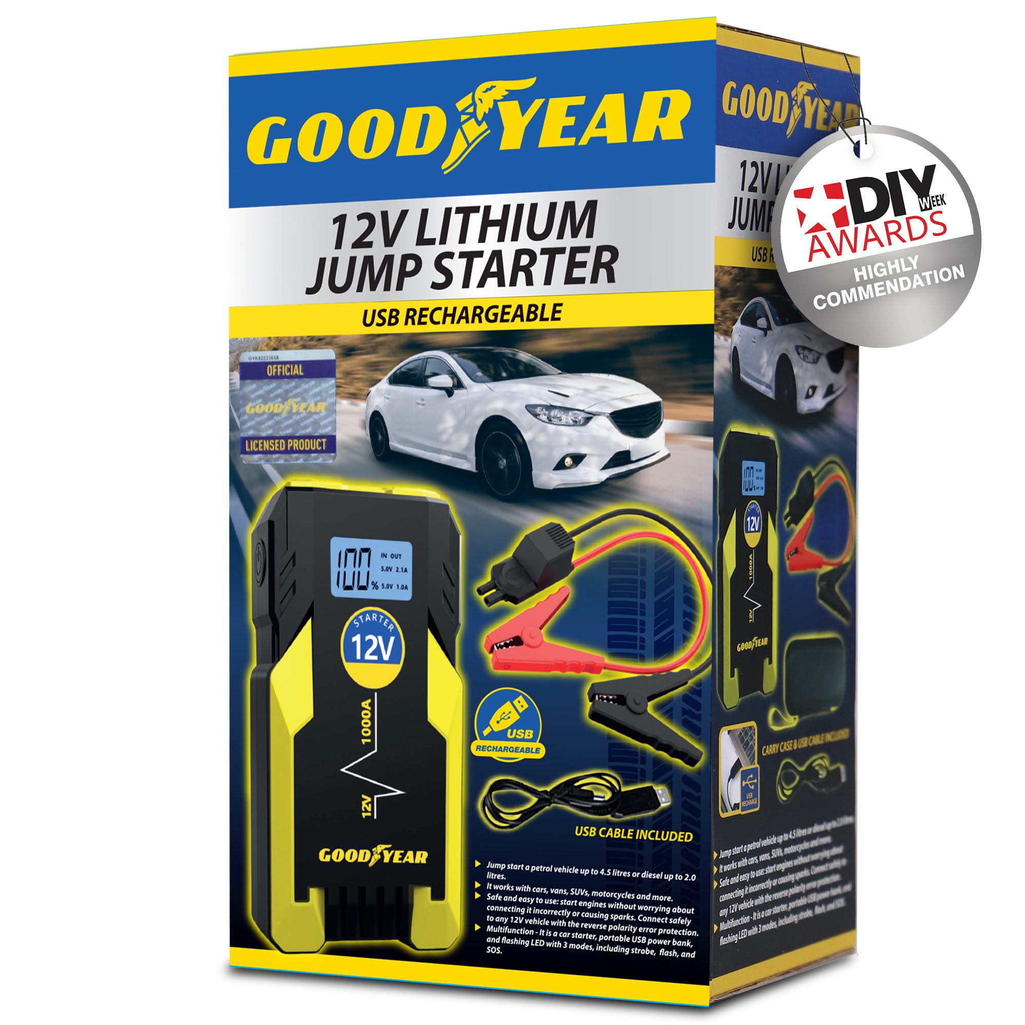 Goodyear 12V Lithium Jump Starter USB Rechargeable Car Battery Power Bank LED