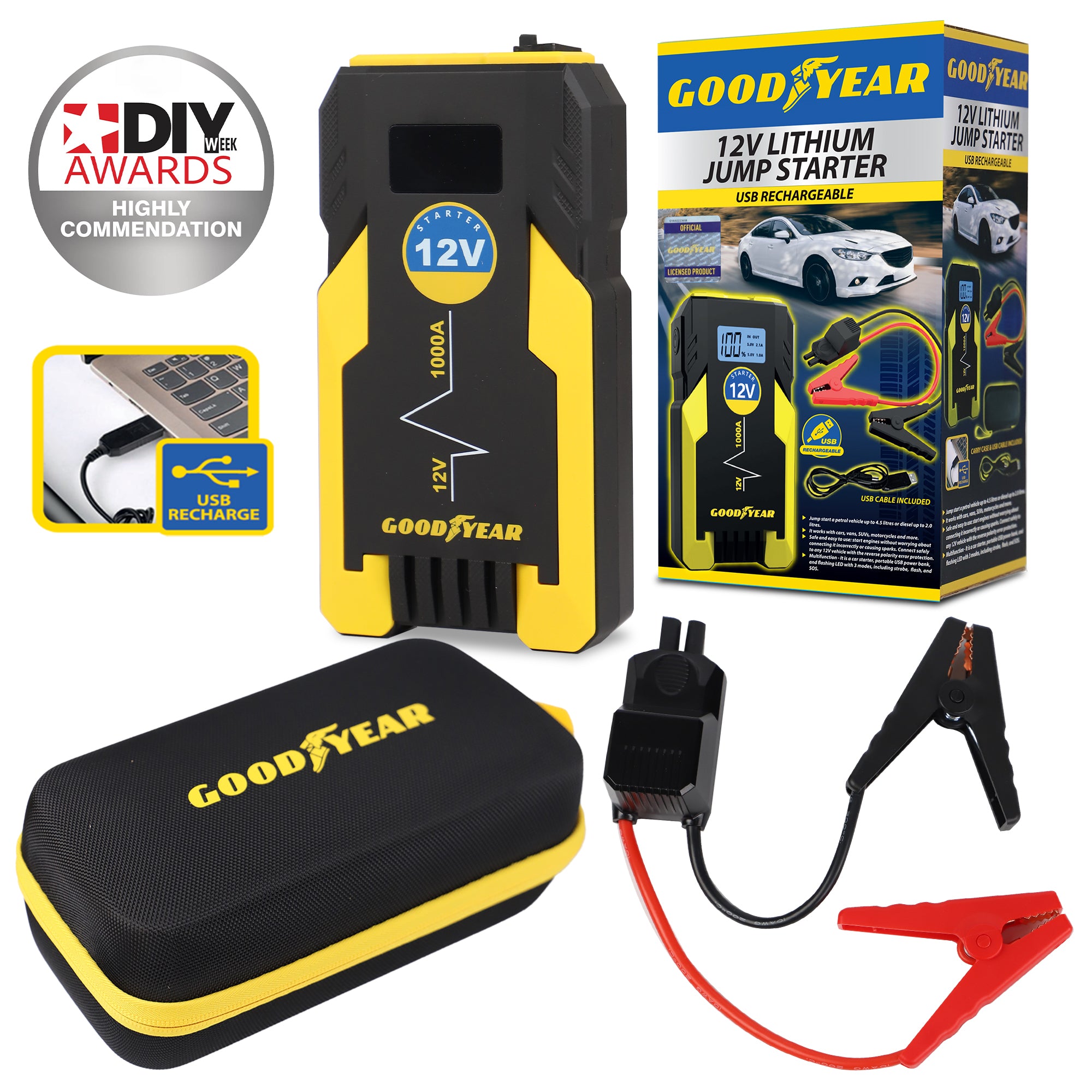 Goodyear 12V Lithium Jump Starter USB Rechargeable Car Battery Power Bank LED