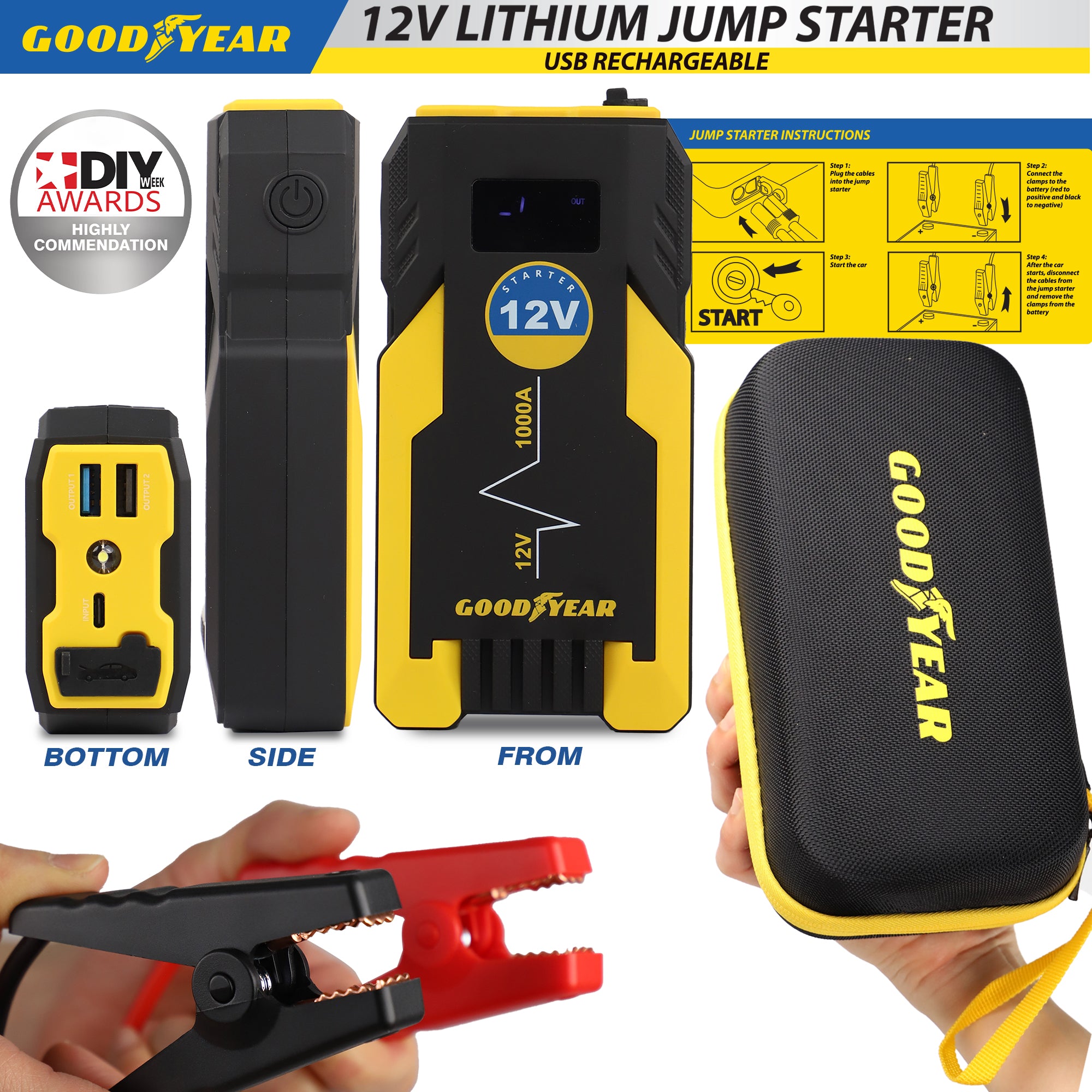Goodyear 12V Lithium Jump Starter USB Rechargeable Car Battery Power Bank LED