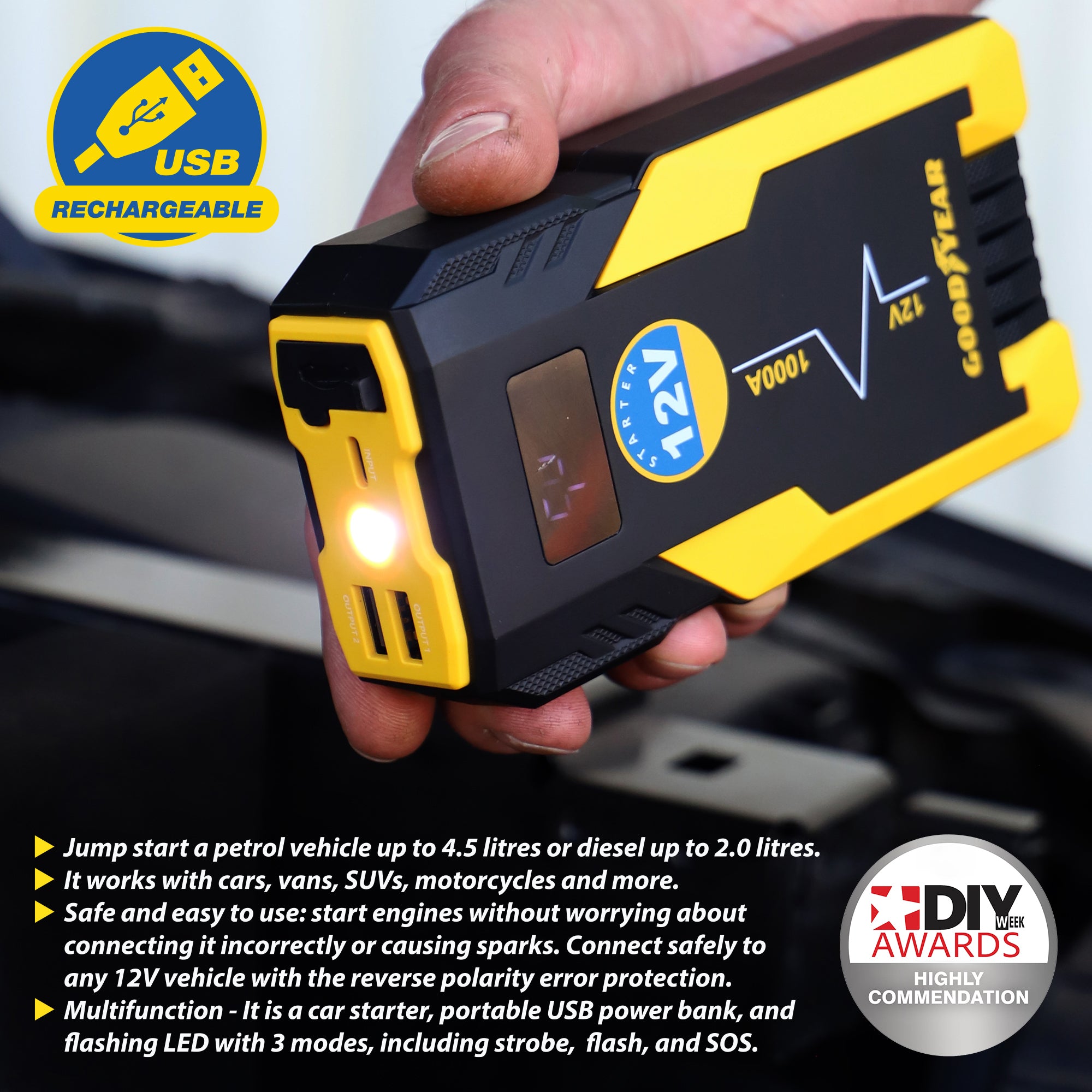 Goodyear 12V Lithium Jump Starter USB Rechargeable Car Battery Power Bank LED