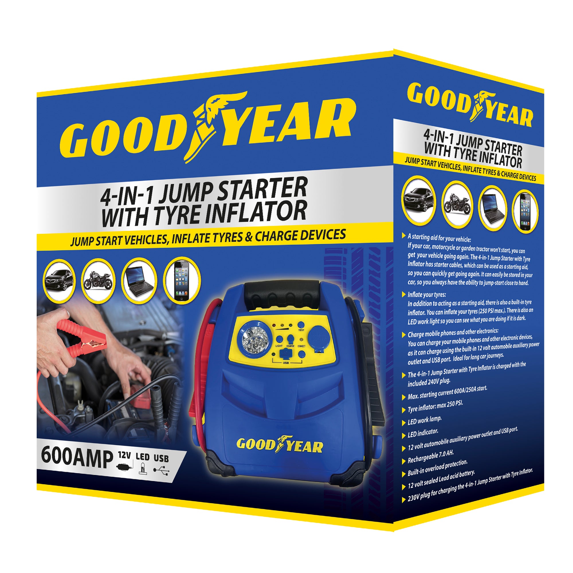 Goodyear 4-In-1 Car Battery Jump Starter|Tyre Inflator|Quick Charger|Power Bank